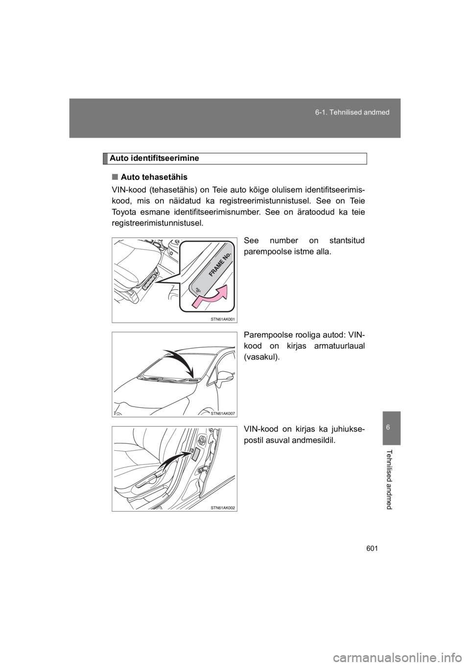 TOYOTA VERSO 2015 Kasutusjuhend (in Estonian) 601
6-1. Tehnilised andmed
6
Tehnilised andmed
VERSO(BMW)_WE_OM64558E
Auto identifitseerimine
"Auto tehasetähis
VIN-kood (tehasetähis) on Teie auto kõige olulisem identifitseerimis-
kood, m TOYOTA VERSO 2015 Kasutusjuhend (in Estonian) 601
6-1. Tehnilised andmed
6
Tehnilised andmed
VERSO(BMW)_WE_OM64558E
Auto identifitseerimine
"Auto tehasetähis
VIN-kood (tehasetähis) on Teie auto kõige olulisem identifitseerimis-
kood, m