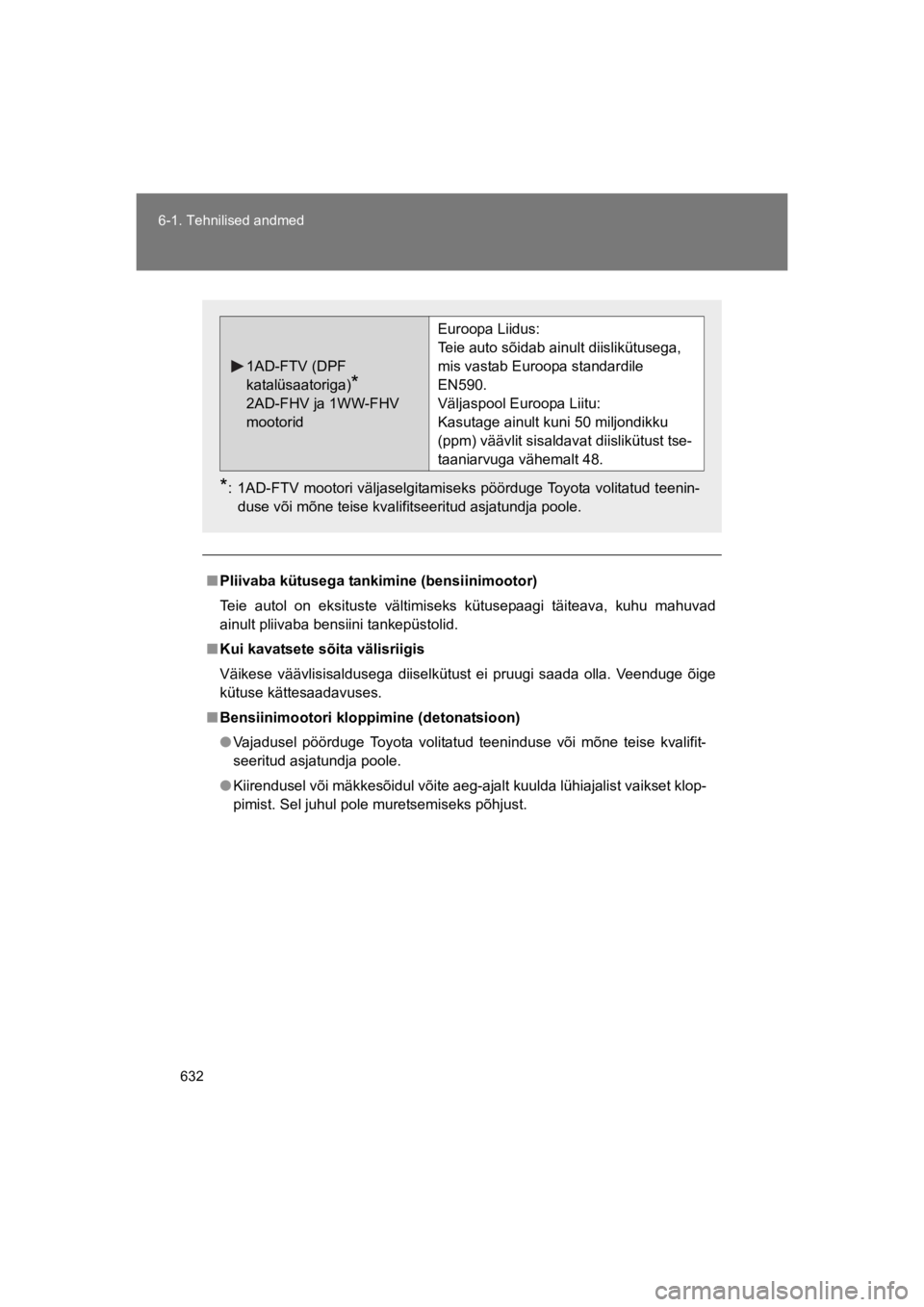 TOYOTA VERSO 2015 Kasutusjuhend (in Estonian) 632
6-1. Tehnilised andmed
VERSO(BMW)_WE_OM64558E
"Pliivaba kütusega tankimine (bensiinimootor)
Teie autol on eksituste vältimiseks kütusepaagi täiteava, kuhu mahuvad
ainult pliivaba bensi TOYOTA VERSO 2015 Kasutusjuhend (in Estonian) 632
6-1. Tehnilised andmed
VERSO(BMW)_WE_OM64558E
"Pliivaba kütusega tankimine (bensiinimootor)
Teie autol on eksituste vältimiseks kütusepaagi täiteava, kuhu mahuvad
ainult pliivaba bensi