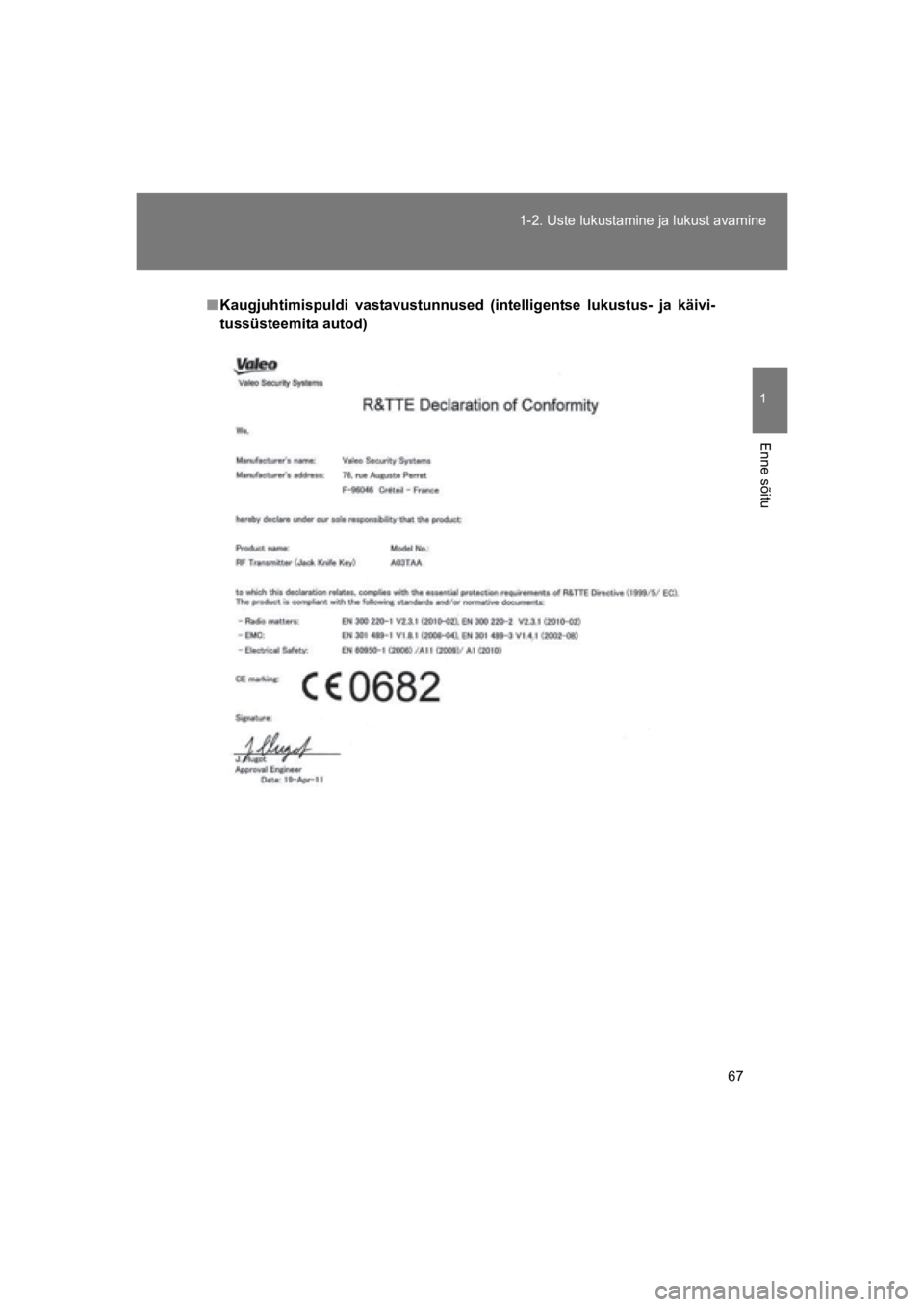 TOYOTA VERSO 2015  Kasutusjuhend (in Estonian) 67
1-2. Uste lukustamine ja lukust avamine
1
Enne sõitu
VERSO(BMW)_WE_OM64558E
"Kaugjuhtimispuldi  vastavustunnused  (intelligentse  lukustus-  ja  käivi-
tussüsteemita autod)
VERSO_WE.book  Page 6
