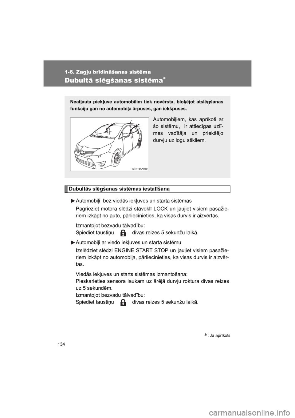 TOYOTA VERSO 2015 Lietošanas Instrukcija (in Latvian) 134
1-6. Zag$u br!din#šanas sist"ma
VERSO(BMW)_WE_OM64558E
Dubult# sl"gšanas sist"ma!
Dubult!s sl$gšanas sist$mas iestat"šana
Automobi%i bez vied"s iek%uves un starta sist!mas
Pagrieziet motora TOYOTA VERSO 2015 Lietošanas Instrukcija (in Latvian) 134
1-6. Zag$u br!din#šanas sist"ma
VERSO(BMW)_WE_OM64558E
Dubult# sl"gšanas sist"ma!
Dubult!s sl$gšanas sist$mas iestat"šana
Automobi%i bez vied"s iek%uves un starta sist!mas
Pagrieziet motora