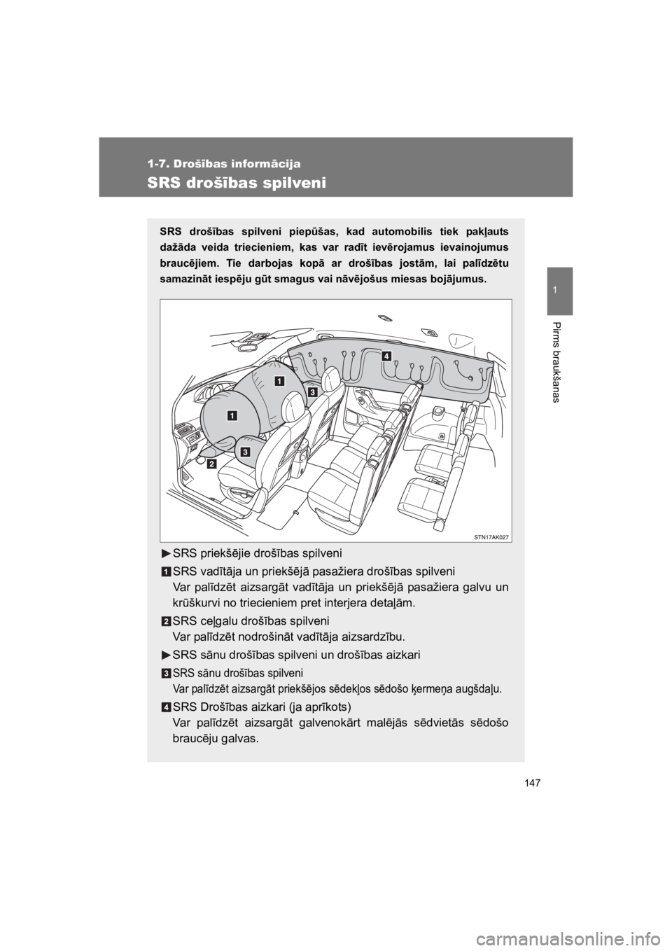 TOYOTA VERSO 2015 Lietošanas Instrukcija (in Latvian) 147
1
1-7. Droš!bas inform#cija
Pirms braukšanas
VERSO(BMW)_WE_OM64558E
SRS droš!bas spilveni
SRS droš"bas spilveni piep%šas, kad automobilis tiek pak#auts
daž!da veida triecieniem, ka TOYOTA VERSO 2015 Lietošanas Instrukcija (in Latvian) 147
1
1-7. Droš!bas inform#cija
Pirms braukšanas
VERSO(BMW)_WE_OM64558E
SRS droš!bas spilveni
SRS droš"bas spilveni piep%šas, kad automobilis tiek pak#auts
daž!da veida triecieniem, ka