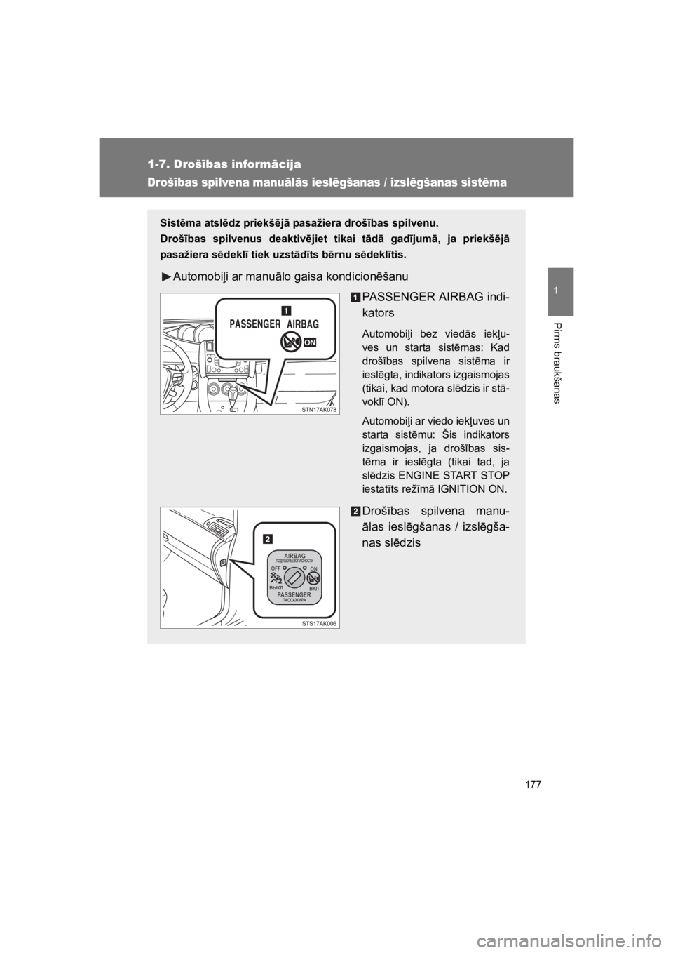 TOYOTA VERSO 2015 Lietošanas Instrukcija (in Latvian) 177
1
1-7. Droš!bas inform#cija
Pirms braukšanas
VERSO(BMW)_WE_OM64558E
Droš!bas spilvena manu#l#s iesl"gšanas / izsl"gšanas sist"ma
Sist$ma atsl$dz priekš$j! pasažiera droš"bas spilvenu.
DroŠTOYOTA VERSO 2015 Lietošanas Instrukcija (in Latvian) 177
1
1-7. Droš!bas inform#cija
Pirms braukšanas
VERSO(BMW)_WE_OM64558E
Droš!bas spilvena manu#l#s iesl"gšanas / izsl"gšanas sist"ma
Sist$ma atsl$dz priekš$j! pasažiera droš"bas spilvenu.
DroÅ