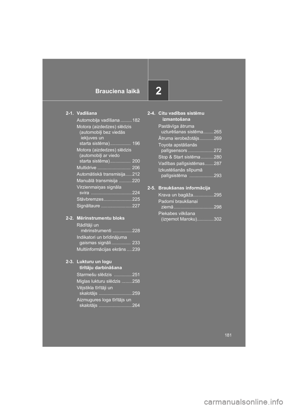 TOYOTA VERSO 2015 Lietošanas Instrukcija (in Latvian) 2Brauciena laik!
181
VERSO(BMW)_WE_OM64558E
2-1. Vad"šana
Automobi%a vad#šana ......... 182
Motora (aizdedzes) sl!dzis
(automobi%i bez vied"s
iek%uves un
starta sist!ma) ................ 196
Mot TOYOTA VERSO 2015 Lietošanas Instrukcija (in Latvian) 2Brauciena laik!
181
VERSO(BMW)_WE_OM64558E
2-1. Vad"šana
Automobi%a vad#šana ......... 182
Motora (aizdedzes) sl!dzis
(automobi%i bez vied"s
iek%uves un
starta sist!ma) ................ 196
Mot