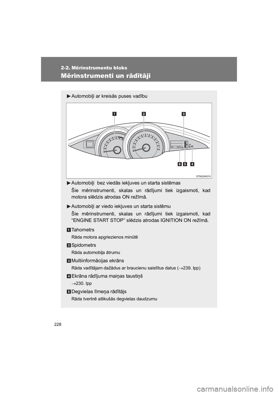TOYOTA VERSO 2015  Lietošanas Instrukcija (in Latvian) 228
VERSO(BMW)_WE_OM64558E
2-2. M"rinstrumentu bloks
M"rinstrumenti un r#d!t#ji
Automobi%i ar kreis"s puses vad#bu
Automobi%i  bez vied"s iek%uves un starta sist!mas
Šie  m!rinstrumenti,  skalas  un 