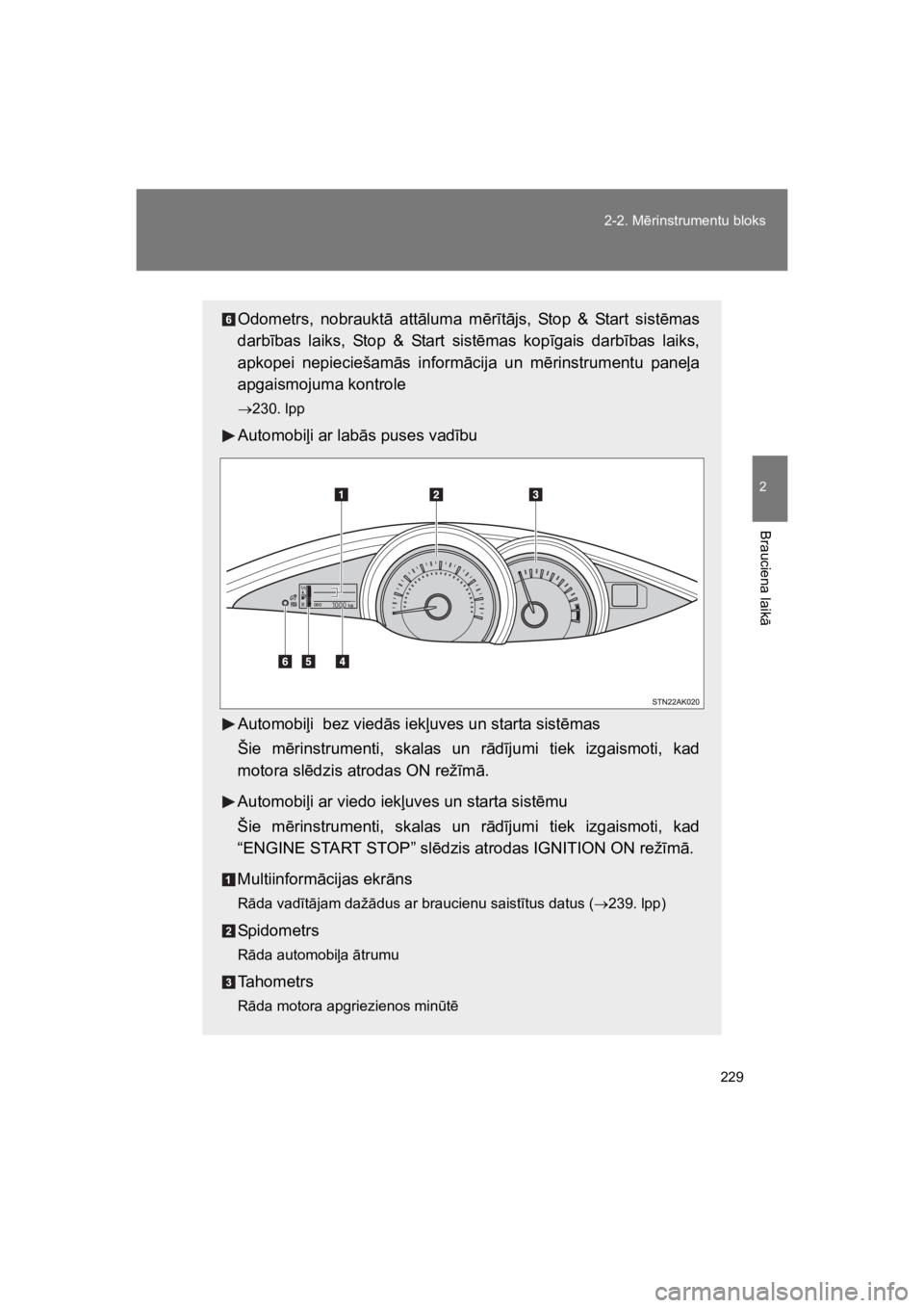 TOYOTA VERSO 2015  Lietošanas Instrukcija (in Latvian) 229
2-2. M!rinstrumentu bloks
2
Brauciena laik
"
VERSO(BMW)_WE_OM64558E
Odometrs,  nobraukt"  att"luma  m!r#t"js,  Stop  &  Start  sist!mas
darb#bas  laiks,  Stop  &  Start  sist!mas  kop#gais  darb#b
