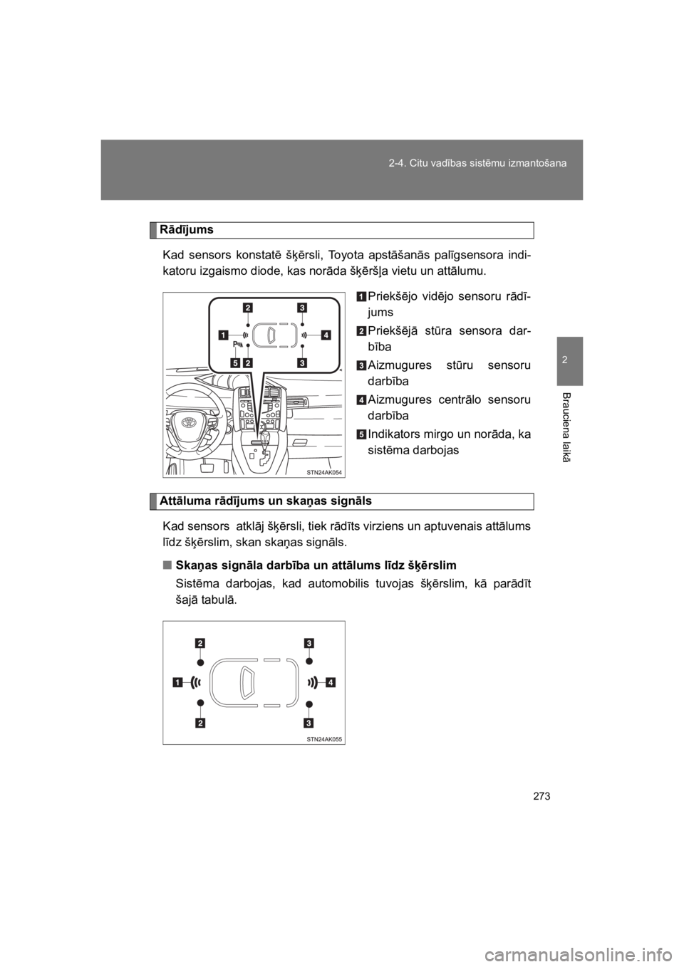 TOYOTA VERSO 2015  Lietošanas Instrukcija (in Latvian) 273
2-4. Citu vad#bas sist!mu izmantošana
2
Brauciena laik
"
VERSO(BMW)_WE_OM64558E
R!d"jums
Kad  sensors  konstat! š(!rsli,  Toyota  apst"šan"s  pal#gsensora  indi-
katoru izgaismo diode, kas nor"