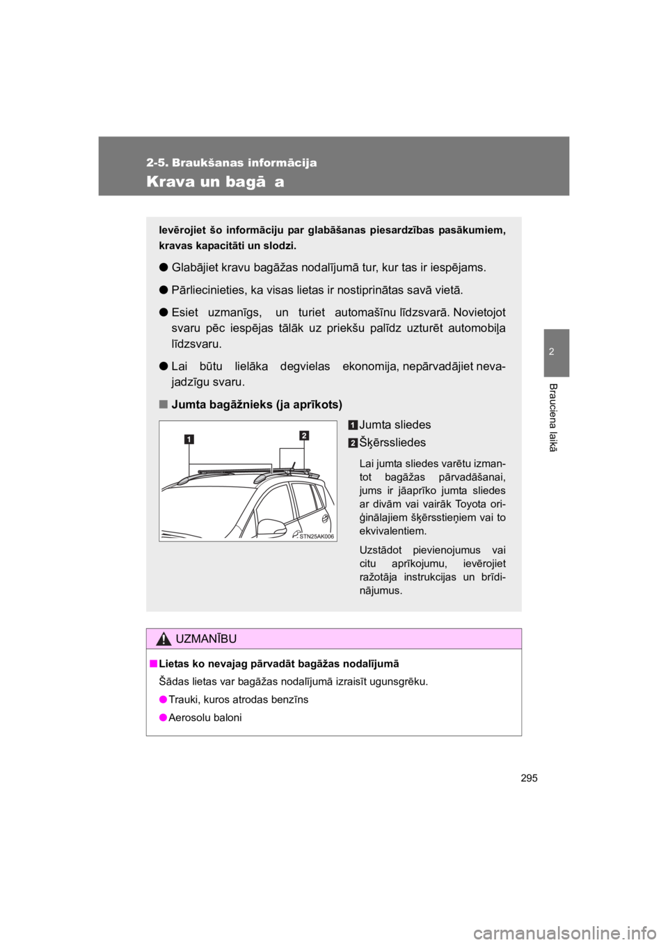 TOYOTA VERSO 2015  Lietošanas Instrukcija (in Latvian) 295
2
Brauciena laik
"
VERSO(BMW)_WE_OM64558E
2-5. Braukšanas inform#cija
Krava un bag# a
UZMAN)BU
"Lietas ko nevajag p!rvad!t bag!žas nodal"jum!
Š"das lietas var bag"žas nodal#jum" izrais#t uguns