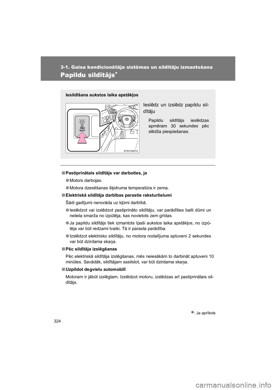 TOYOTA VERSO 2015  Lietošanas Instrukcija (in Latvian) 324
3-1. Gaisa kondicion"t#ja sist"mas un sild!t#ju izmantošana
VERSO(BMW)_WE_OM64558E
Papildu sild!t#js!
!: Ja apr#kots
"Pastiprin!tais sild"t!js var darboties, ja
!Motors darbojas.
!Motora dzes!ša