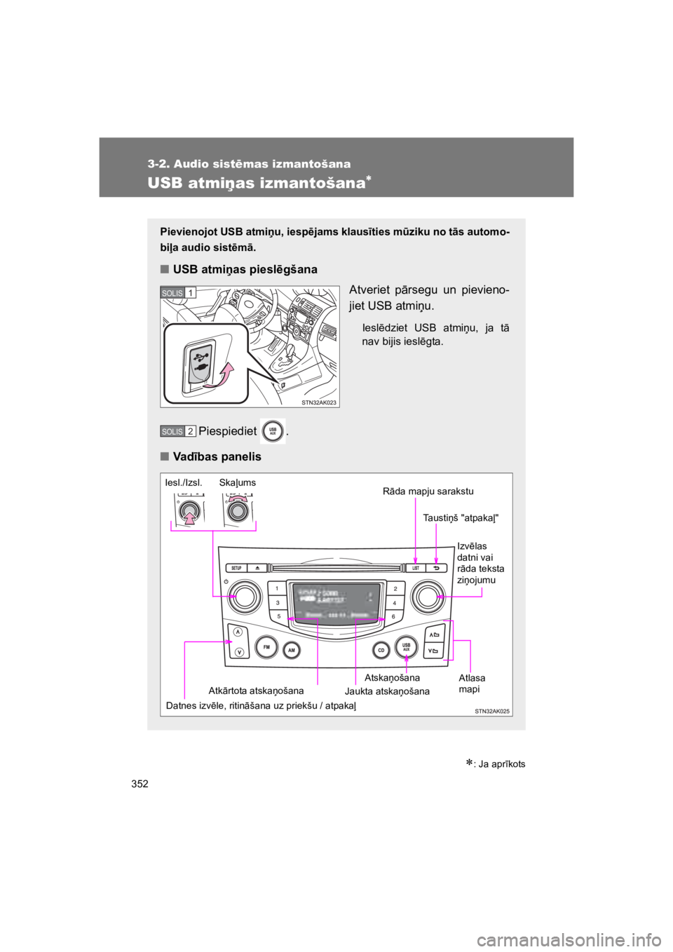 TOYOTA VERSO 2015 Lietošanas Instrukcija (in Latvian) 352
3-2. Audio sist"mas izmantošana
VERSO(BMW)_WE_OM64558E
USB atmi&as izmantošana!
!: Ja apr#kots
Pievienojot USB atmiu, iesp$jams klaus"ties m%ziku no t!s automo-
bi#a audio sist$m!.
"USB atmias TOYOTA VERSO 2015 Lietošanas Instrukcija (in Latvian) 352
3-2. Audio sist"mas izmantošana
VERSO(BMW)_WE_OM64558E
USB atmi&as izmantošana!
!: Ja apr#kots
Pievienojot USB atmiu, iesp$jams klaus"ties m%ziku no t!s automo-
bi#a audio sist$m!.
"USB atmias