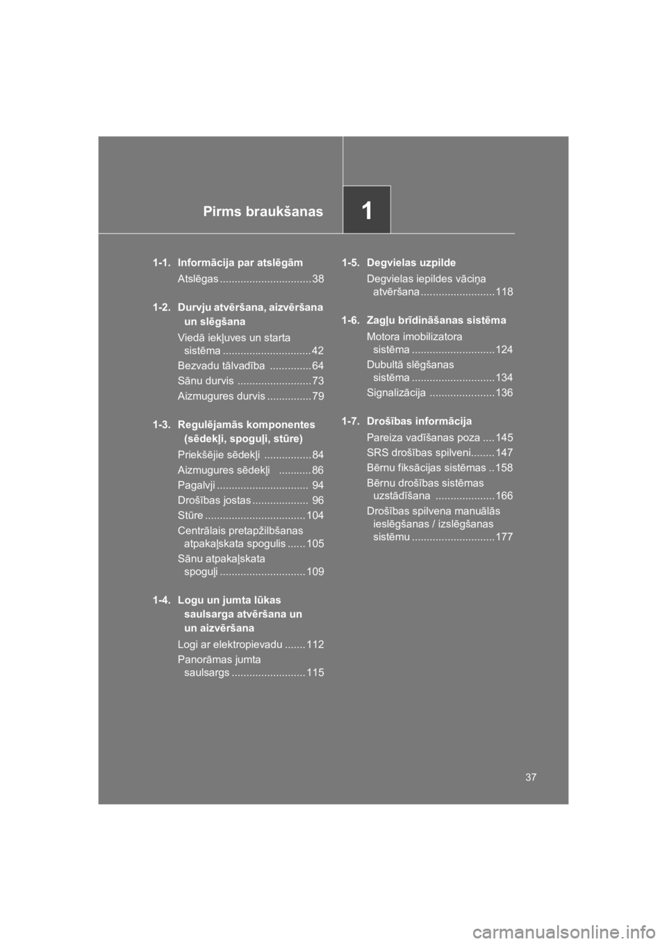 TOYOTA VERSO 2015  Lietošanas Instrukcija (in Latvian) 1Pirms braukšanas
37
VERSO(BMW)_WE_OM64558E
1-1. Inform!cija par atsl$g!m
Atsl!gas ............................... 38
1-2. Durvju atv$ršana, aizv$ršana 
un sl$gšana
Vied" iek%uves un starta 
sist!