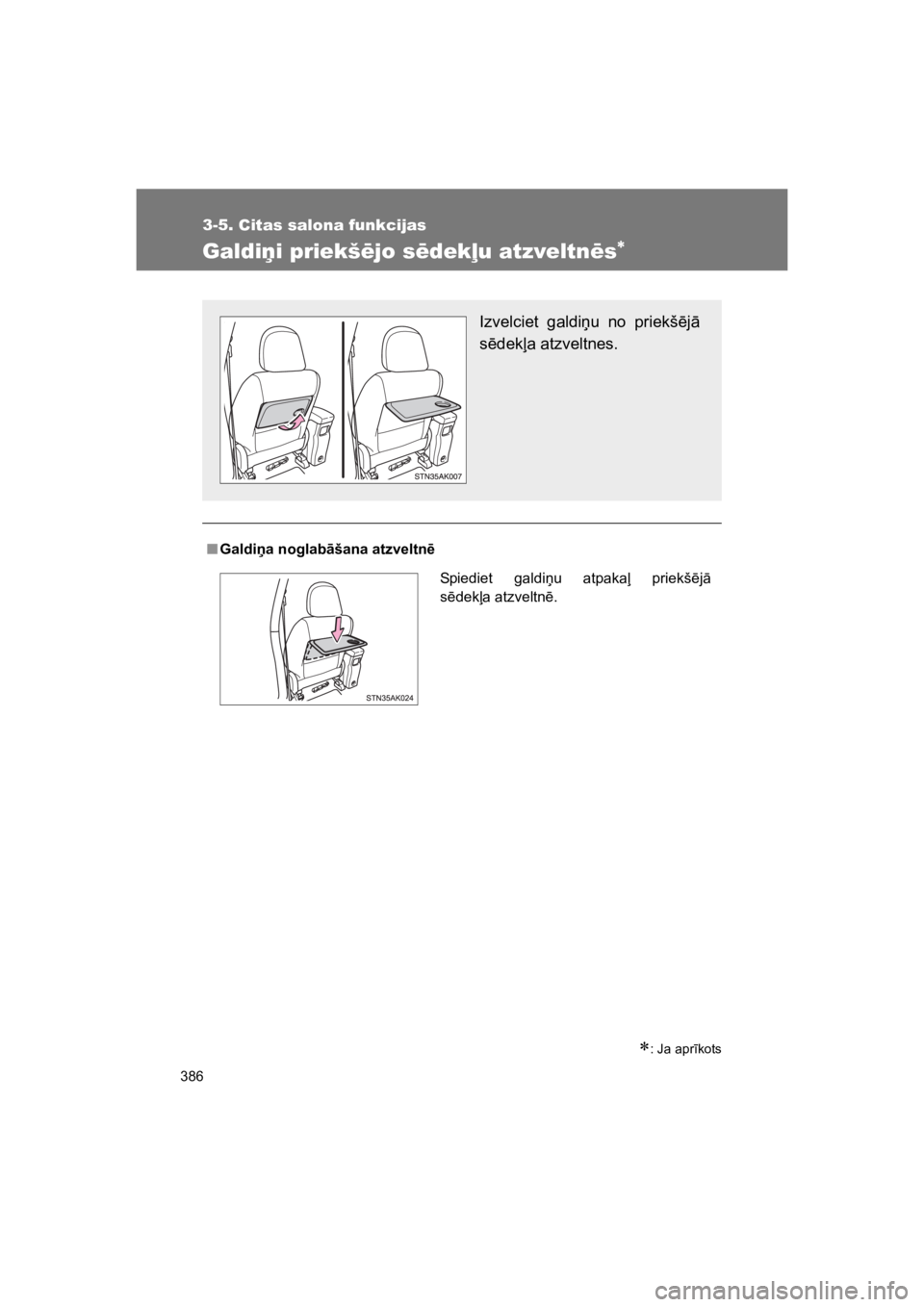 TOYOTA VERSO 2015  Lietošanas Instrukcija (in Latvian) 386
3-5. Citas salona funkcijas
VERSO(BMW)_WE_OM64558E
Galdi&i priekš"jo s"dek$u atzveltn"s!
!: Ja apr#kots
"Galdia noglab!šana atzveltn$
Izvelciet  galdi&u  no  priekš!j"
s!dek%a atzveltnes.
Spie