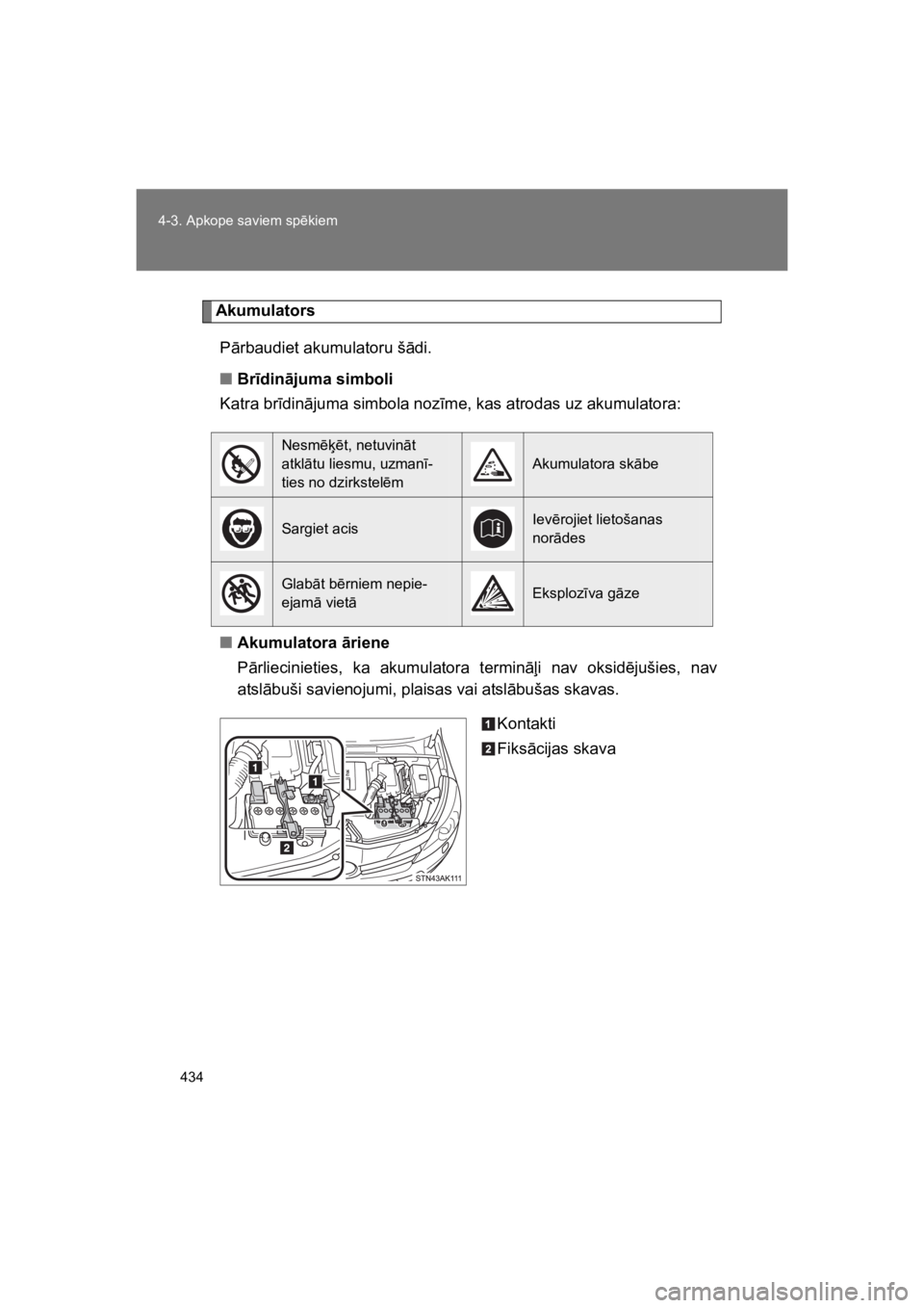TOYOTA VERSO 2015 Lietošanas Instrukcija (in Latvian) 434
4-3. Apkope saviem sp!kiem
VERSO(BMW)_WE_OM64558E
Akumulators
P"rbaudiet akumulatoru š"di.
"Br"din!juma simboli
Katra br#din"juma simbola noz#me, kas atrodas uz akumulatora:
"Akumulatora !riene
P TOYOTA VERSO 2015 Lietošanas Instrukcija (in Latvian) 434
4-3. Apkope saviem sp!kiem
VERSO(BMW)_WE_OM64558E
Akumulators
P"rbaudiet akumulatoru š"di.
"Br"din!juma simboli
Katra br#din"juma simbola noz#me, kas atrodas uz akumulatora:
"Akumulatora !riene
P