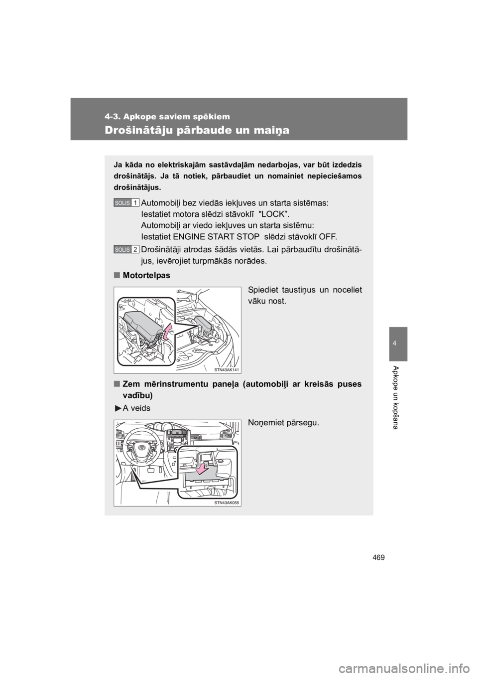 TOYOTA VERSO 2015  Lietošanas Instrukcija (in Latvian) 469
4-3. Apkope saviem sp"kiem
4
Apkope un kopšana
VERSO(BMW)_WE_OM64558E
Drošin#t#ju p#rbaude un mai&a
Ja  k!da  no  elektriskaj!m  sast!vda#!m  nedarbojas,  var  b%t  izdedzis
drošin!t!js.  Ja  t