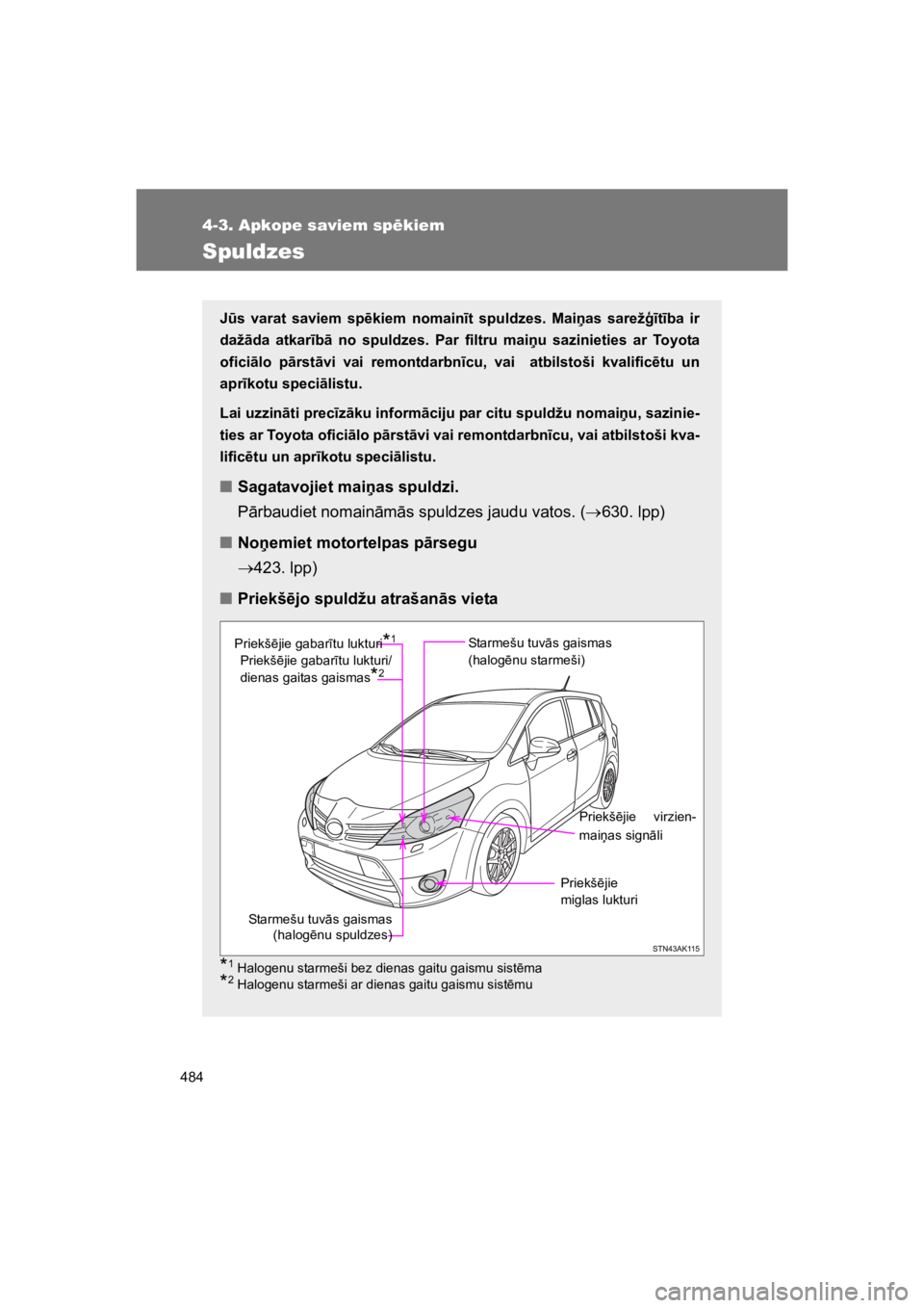 TOYOTA VERSO 2015  Lietošanas Instrukcija (in Latvian) 484
4-3. Apkope saviem sp"kiem
VERSO(BMW)_WE_OM64558E
Spuldzes
J%s  varat  saviem  sp$kiem  nomain"t  spuldzes.  Maias  sarež+"t"ba  ir
daž!da  atkar"b!  no  spuldzes.  Par  filtru  maiu  saziniet