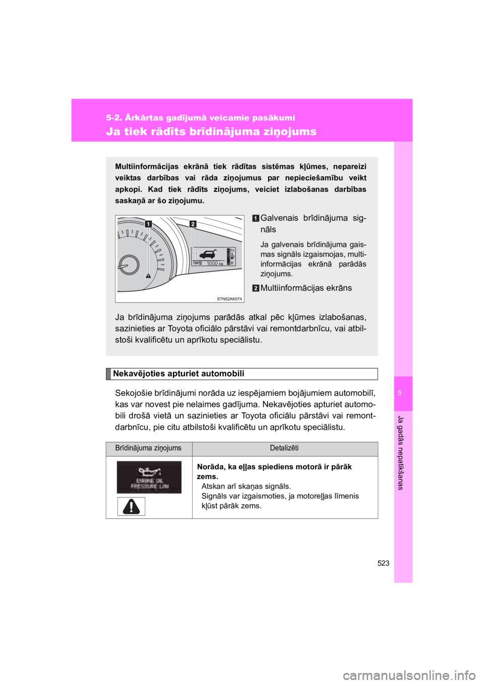 TOYOTA VERSO 2015 Lietošanas Instrukcija (in Latvian) 5
523
5-2. rk#rtas gad!jum# veicamie pas#kumi
Ja gad
"s nepatikšanas
VERSO(BMW)_WE_OM64558E
Ja tiek r#d!ts br!din#juma zi&ojums
Nekav$joties apturiet automobili
Sekojošie br#din"jumi nor"da uz iesp TOYOTA VERSO 2015 Lietošanas Instrukcija (in Latvian) 5
523
5-2. rk#rtas gad!jum# veicamie pas#kumi
Ja gad
"s nepatikšanas
VERSO(BMW)_WE_OM64558E
Ja tiek r#d!ts br!din#juma zi&ojums
Nekav$joties apturiet automobili
Sekojošie br#din"jumi nor"da uz iesp