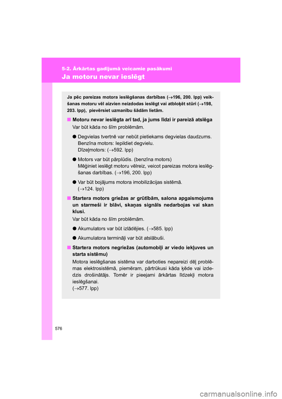 TOYOTA VERSO 2015 Lietošanas Instrukcija (in Latvian) 576
5-2. rk#rtas gad!jum# veicamie pas#kumi
VERSO(BMW)_WE_OM64558E
Ja motoru nevar iesl"gt
Ja p$c pareizas motora iesl$gšanas darb"bas (#196, 200. lpp) veik-
šanas motoru v$l aizvien neizd TOYOTA VERSO 2015 Lietošanas Instrukcija (in Latvian) 576
5-2. rk#rtas gad!jum# veicamie pas#kumi
VERSO(BMW)_WE_OM64558E
Ja motoru nevar iesl"gt
Ja p$c pareizas motora iesl$gšanas darb"bas (#196, 200. lpp) veik-
šanas motoru v$l aizvien neizd