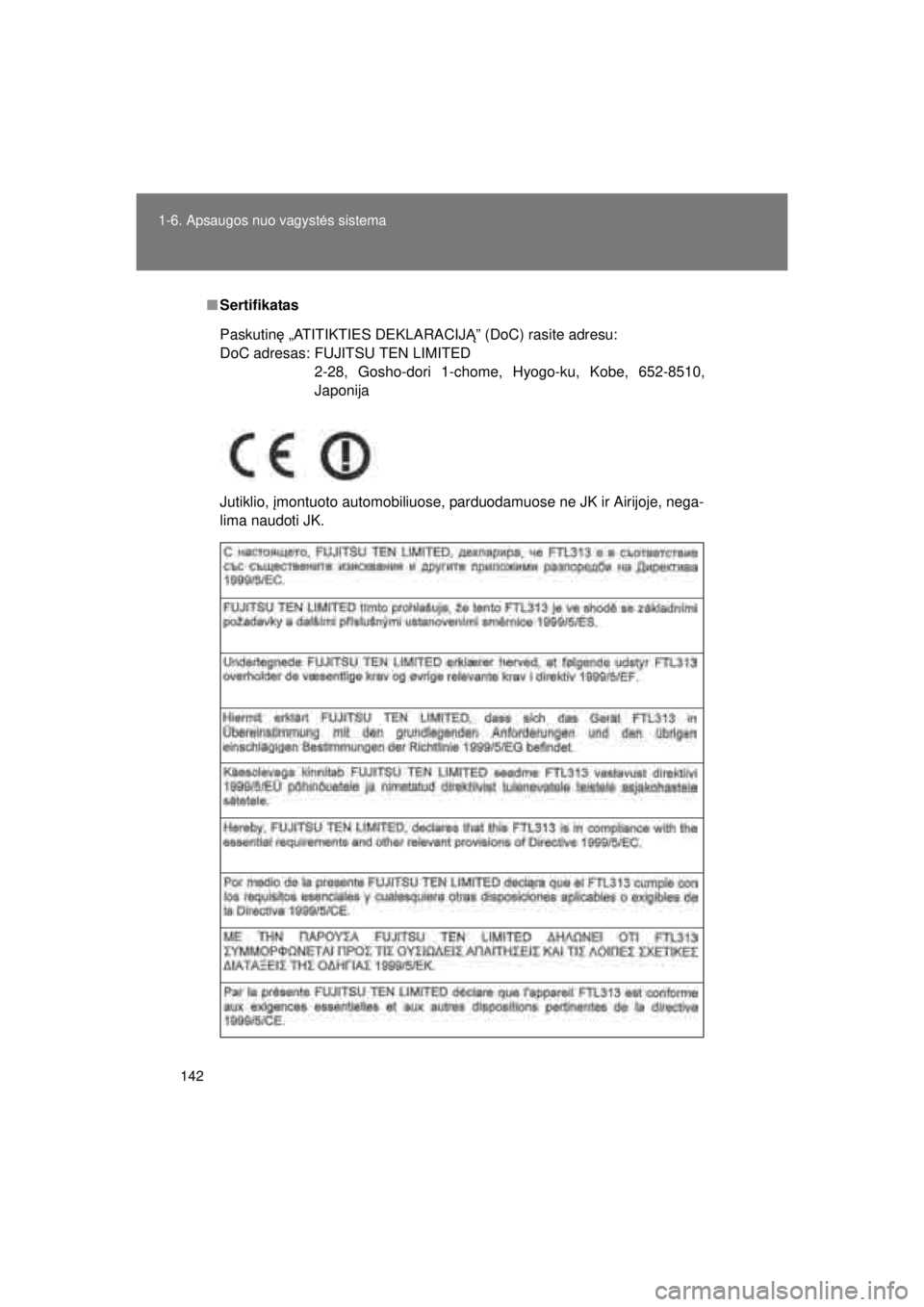 TOYOTA VERSO 2015 Eksploatavimo vadovas (in Lithuanian)
142
1-6. Apsaugos nuo vagyst
ės sistema
VERSO(BMW)_WE_OM64558E
■ Sertifikatas
Jutiklio, įmontuoto automobiliuose, parduodamuose ne JK ir Airijoje, nega-
lima naudoti JK. Paskutin ę „ATITIKTIE TOYOTA VERSO 2015 Eksploatavimo vadovas (in Lithuanian)
142
1-6. Apsaugos nuo vagyst
ės sistema
VERSO(BMW)_WE_OM64558E
■ Sertifikatas
Jutiklio, įmontuoto automobiliuose, parduodamuose ne JK ir Airijoje, nega-
lima naudoti JK. Paskutin ę „ATITIKTIE