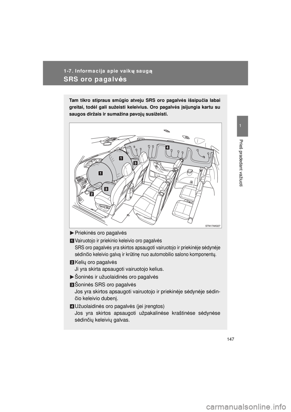 TOYOTA VERSO 2015 Eksploatavimo vadovas (in Lithuanian)
147
1
1-7. Informacija apie vaikų saug ą
Prieš pradedant važiuoti
VERSO(BMW)_WE_OM64558E
SRS oro pagalv ės
Tam tikro stipraus sm ūgio atveju SRS oro pagalv ės išsipu čia labai
greitai, tod TOYOTA VERSO 2015 Eksploatavimo vadovas (in Lithuanian)
147
1
1-7. Informacija apie vaikų saug ą
Prieš pradedant važiuoti
VERSO(BMW)_WE_OM64558E
SRS oro pagalv ės
Tam tikro stipraus sm ūgio atveju SRS oro pagalv ės išsipu čia labai
greitai, tod