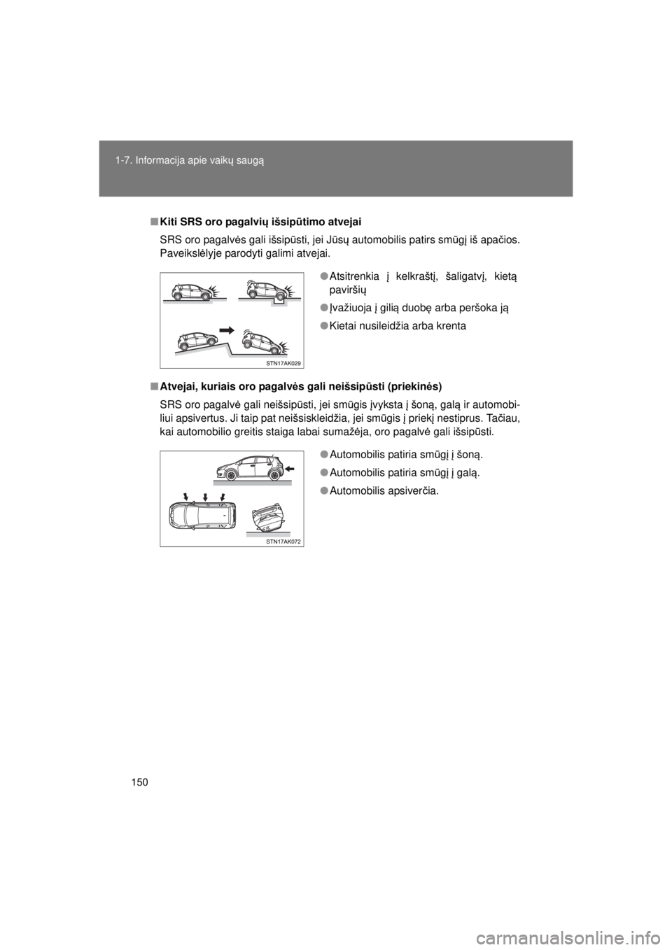 TOYOTA VERSO 2015 Eksploatavimo vadovas (in Lithuanian)
150
1-7. Informacija apie vaik
ų saug ą
VERSO(BMW)_WE_OM64558E
■Kiti SRS oro pagalvi ų išsip ūtimo atvejai
SRS oro pagalv ės gali išsip ūsti, jei J ūsų automobilis patirs sm ūgį iš ap TOYOTA VERSO 2015 Eksploatavimo vadovas (in Lithuanian)
150
1-7. Informacija apie vaik
ų saug ą
VERSO(BMW)_WE_OM64558E
■Kiti SRS oro pagalvi ų išsip ūtimo atvejai
SRS oro pagalv ės gali išsip ūsti, jei J ūsų automobilis patirs sm ūgį iš ap