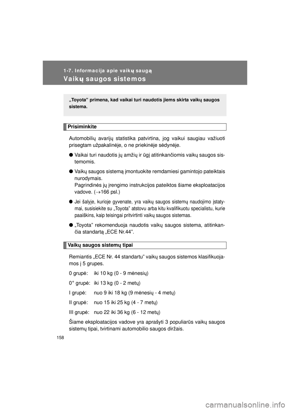 TOYOTA VERSO 2015 Eksploatavimo vadovas (in Lithuanian)
158
1-7. Informacija apie vaikų saug ą
VERSO(BMW)_WE_OM64558E
Vaikų saugos sistemos
Prisiminkite
Automobili ų avarij ų statistika patvirtina, jog vaikui saugiau važiuoti
prisegtam užpakalin ė TOYOTA VERSO 2015 Eksploatavimo vadovas (in Lithuanian)
158
1-7. Informacija apie vaikų saug ą
VERSO(BMW)_WE_OM64558E
Vaikų saugos sistemos
Prisiminkite
Automobili ų avarij ų statistika patvirtina, jog vaikui saugiau važiuoti
prisegtam užpakalin ė