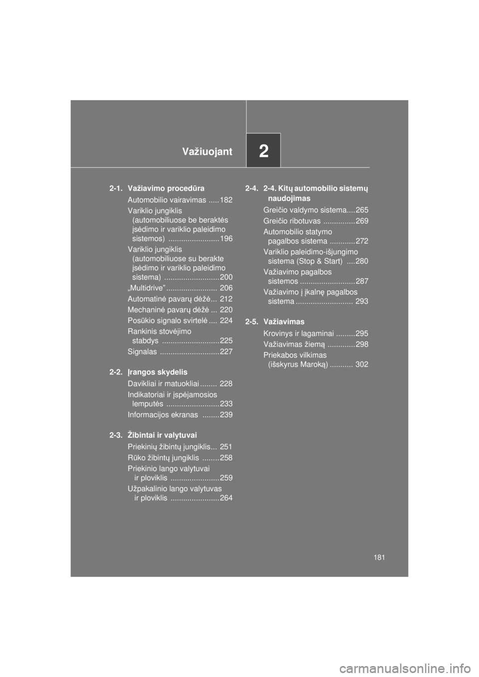 TOYOTA VERSO 2015 Eksploatavimo vadovas (in Lithuanian)
2Važiuojant
181
VERSO(BMW)_WE_OM64558E
2-1. Važiavimo procedūra
Automobilio vairavimas ..... 182
Variklio jungiklis (automobiliuose be berakt ės
į s ė dimo ir variklio paleidimo
sistemos) . TOYOTA VERSO 2015 Eksploatavimo vadovas (in Lithuanian)
2Važiuojant
181
VERSO(BMW)_WE_OM64558E
2-1. Važiavimo procedūra
Automobilio vairavimas ..... 182
Variklio jungiklis (automobiliuose be berakt ės
į s ė dimo ir variklio paleidimo
sistemos) .