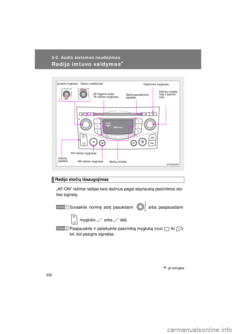 TOYOTA VERSO 2015  Eksploatavimo vadovas (in Lithuanian) 
330
3-2. Audio sistemos naudojimas
VERSO(BMW)_WE_OM64558E
Radijo imtuvo valdymas∗
Radijo stočių  išsaugojimas
„AF-ON” režime radijas keis dažnius pagal stipriausi ą pasirinktos sto-
ties 