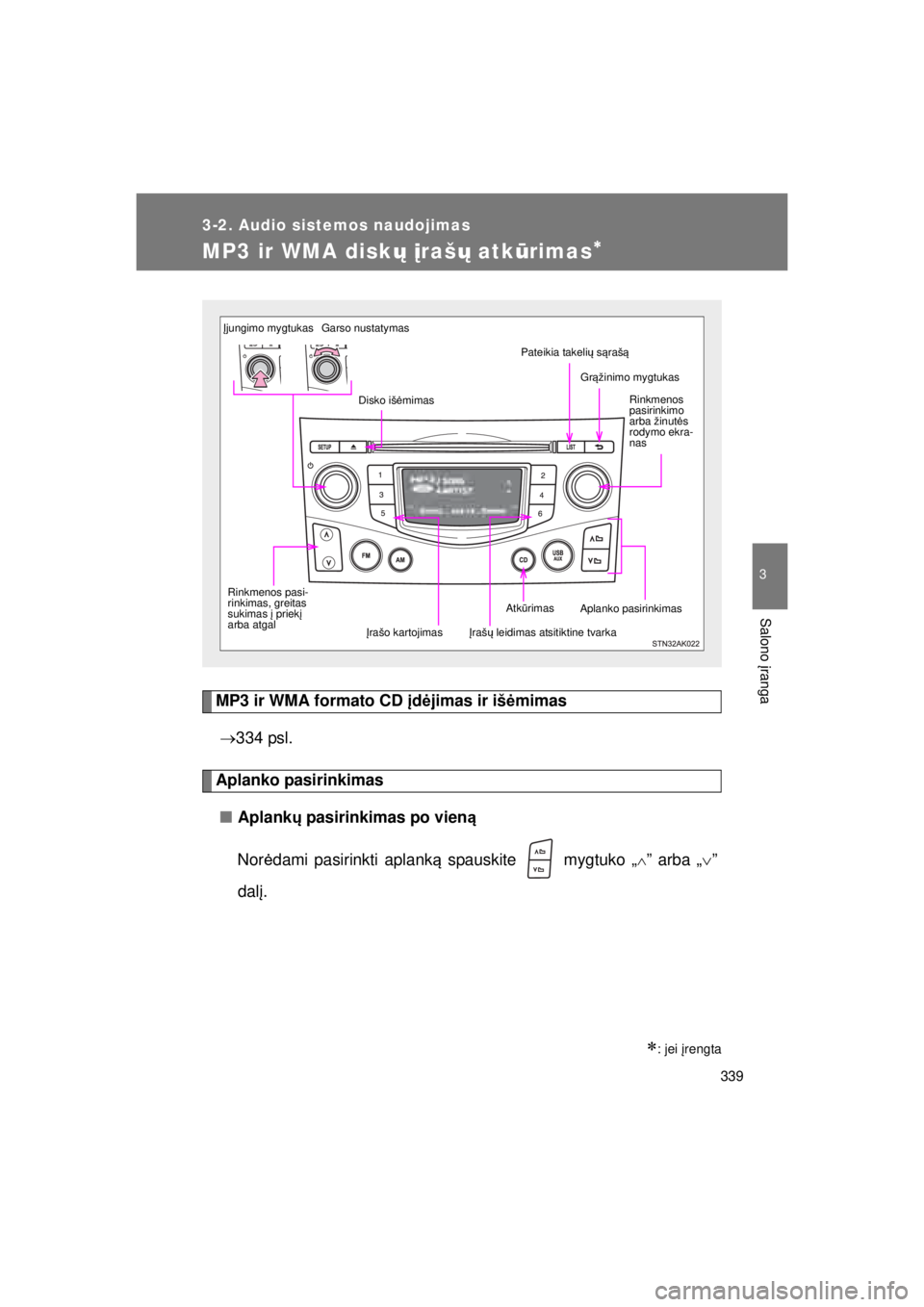 TOYOTA VERSO 2015  Eksploatavimo vadovas (in Lithuanian) 
339
3-2. Audio sistemos naudojimas
3
Salono įranga
VERSO(BMW)_WE_OM64558E
MP3 ir WMA disk ų įraš ų atk ūrimas∗
MP3 ir WMA formato CD  įd ėjimas ir iš ėmimas
→ 334 psl.
Aplanko pasirinki