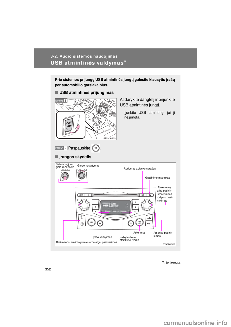 TOYOTA VERSO 2015  Eksploatavimo vadovas (in Lithuanian) 
352
3-2. Audio sistemos naudojimas
VERSO(BMW)_WE_OM64558E
USB atmintinės valdymas∗
∗: jei  įrengta
Prie sistemos prijung ę USB atmintin ės jungt į gal ėsite klausytis  įraš ų
per automob