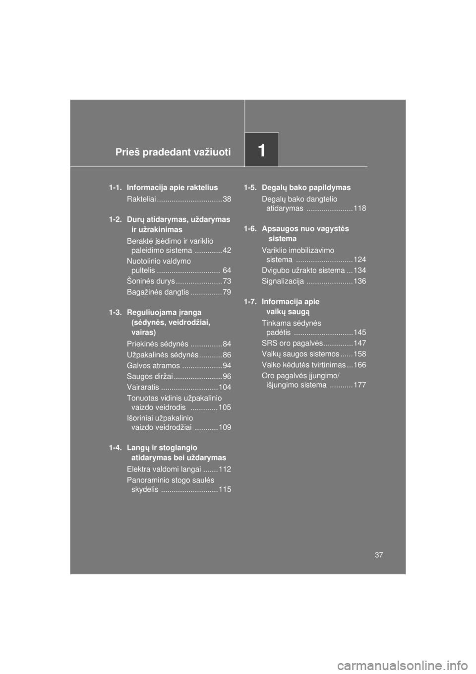 TOYOTA VERSO 2015 Eksploatavimo vadovas (in Lithuanian)
1Prieš pradedant važiuoti
37
VERSO(BMW)_WE_OM64558E
1-1. Informacija apie rakteliusRakteliai ............................... 38
1-2. Dur ų atidarymas, uždarymas
ir užrakinimas
Berakt ė įs ė TOYOTA VERSO 2015 Eksploatavimo vadovas (in Lithuanian)
1Prieš pradedant važiuoti
37
VERSO(BMW)_WE_OM64558E
1-1. Informacija apie rakteliusRakteliai ............................... 38
1-2. Dur ų atidarymas, uždarymas
ir užrakinimas
Berakt ė įs ė