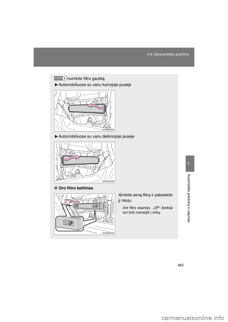 TOYOTA VERSO 2015  Eksploatavimo vadovas (in Lithuanian) 
463
4-3. Savarankiška prieži
ūra
4
Automobilio prieži ūra ir valymas
VERSO(BMW)_WE_OM64558E
nuimkite filtro gaubt ą.
Automobiliuose su vairu kairiojoje pus ėje
Automobiliuose su vairu dešinio
