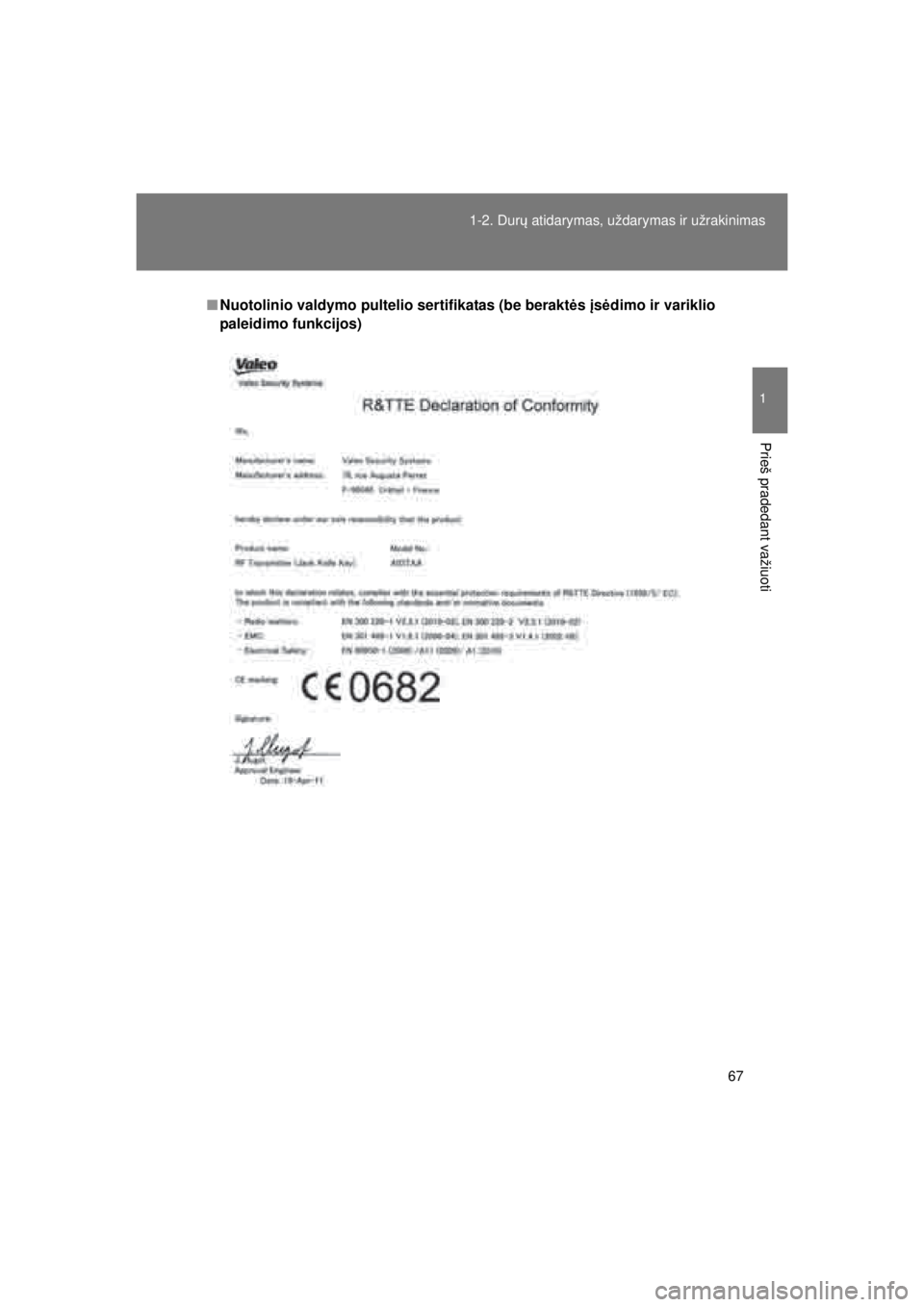 TOYOTA VERSO 2015 Eksploatavimo vadovas (in Lithuanian)
67
1-2. Dur
ų atidarymas, uždarymas ir užrakinimas
1
Prieš pradedant važiuoti
VERSO(BMW)_WE_OM64558E
■ Nuotolinio valdymo pultel io sertifikatas (be beraktės įs ėdimo ir variklio
paleidimo TOYOTA VERSO 2015 Eksploatavimo vadovas (in Lithuanian)
67
1-2. Dur
ų atidarymas, uždarymas ir užrakinimas
1
Prieš pradedant važiuoti
VERSO(BMW)_WE_OM64558E
■ Nuotolinio valdymo pultel io sertifikatas (be beraktės įs ėdimo ir variklio
paleidimo