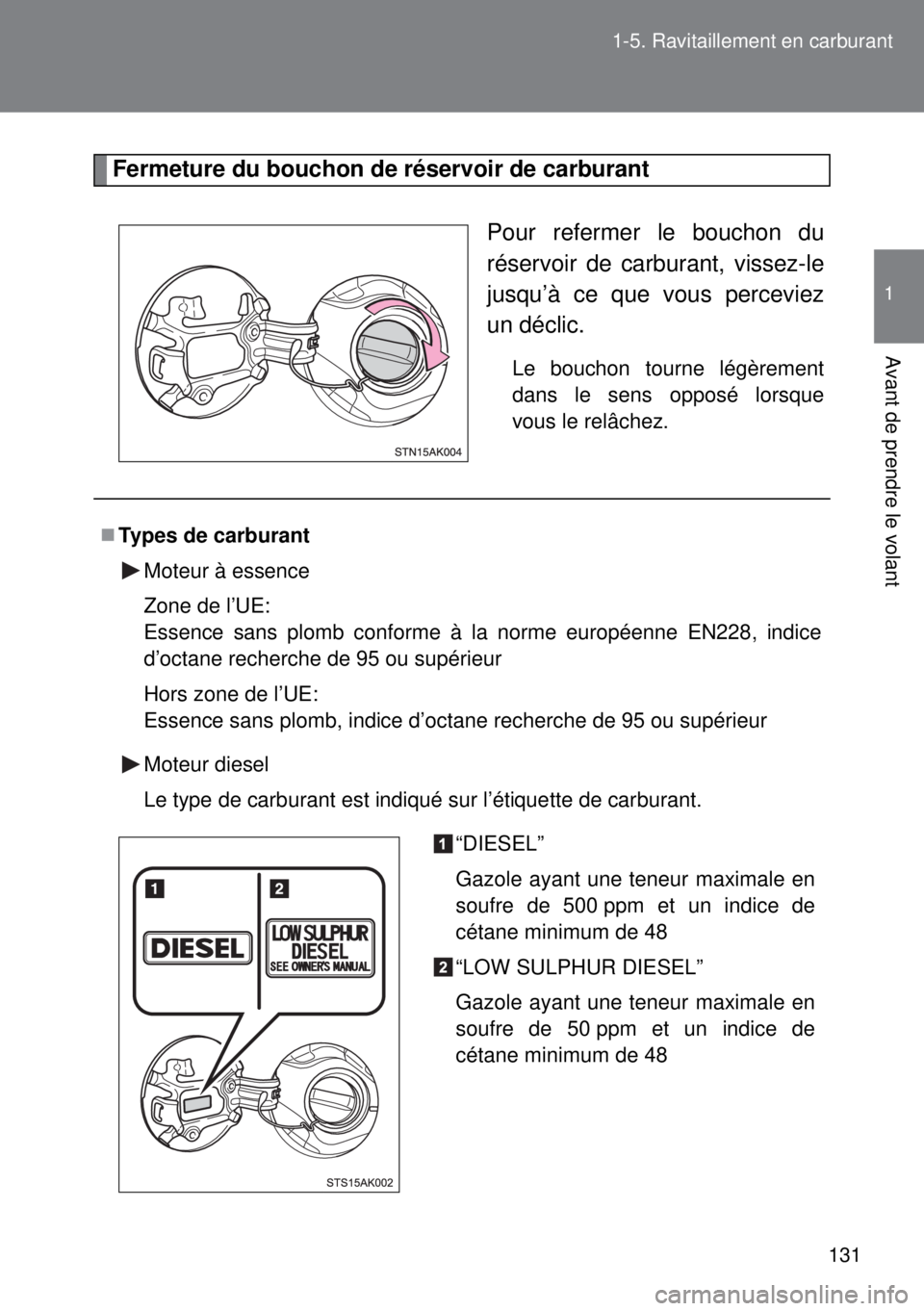 TOYOTA VERSO 2015 Notices Demploi (in French) 131 1-5. Ravitaillement en carburant
1
Avant de prendre le volant
Fermeture du bouchon de réservoir de carburant
Pour refermer le bouchon du
réservoir de carburant, vissez-le
jusqu’à ce que vous TOYOTA VERSO 2015 Notices Demploi (in French) 131 1-5. Ravitaillement en carburant
1
Avant de prendre le volant
Fermeture du bouchon de réservoir de carburant
Pour refermer le bouchon du
réservoir de carburant, vissez-le
jusqu’à ce que vous