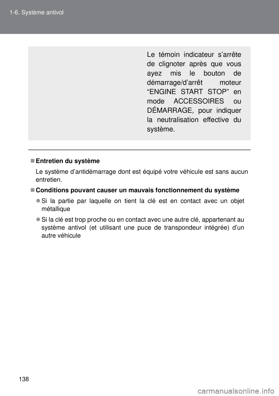 TOYOTA VERSO 2015 Notices Demploi (in French) 138 1-6. Système antivol
Entretien du système
Le système d’antidémarrage dont est équipé votre véhicule est sans aucun
entretien.
Conditions pouvant causer un mauvais fonctionnement du TOYOTA VERSO 2015 Notices Demploi (in French) 138 1-6. Système antivol
Entretien du système
Le système d’antidémarrage dont est équipé votre véhicule est sans aucun
entretien.
Conditions pouvant causer un mauvais fonctionnement du