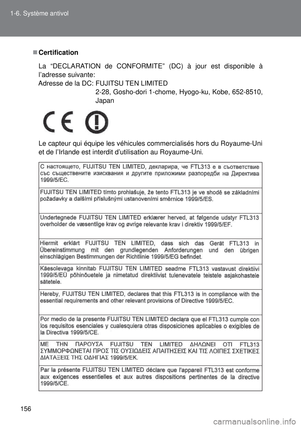TOYOTA VERSO 2015 Notices Demploi (in French) 156 1-6. Système antivol
Certification
Le capteur qui équipe les véhicules commercialisés hors du Royaume-Uni
et de l’Irlande est interdit d’utilisation au Royaume-Uni. La “D
ÉCLARATION TOYOTA VERSO 2015 Notices Demploi (in French) 156 1-6. Système antivol
Certification
Le capteur qui équipe les véhicules commercialisés hors du Royaume-Uni
et de l’Irlande est interdit d’utilisation au Royaume-Uni. La “D
ÉCLARATION