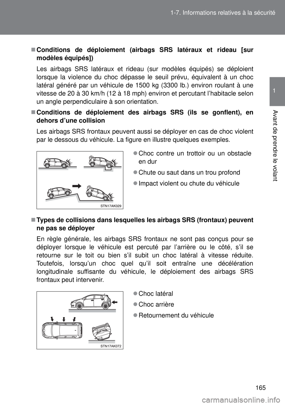 TOYOTA VERSO 2015  Notices Demploi (in French) 165 1-7. Informations relatives à la sécurité
1
Avant de prendre le volant
Conditions de déploiement (airbags SRS latéraux et rideau [sur
modèles équipés])
Les airbags SRS latéraux et ride
