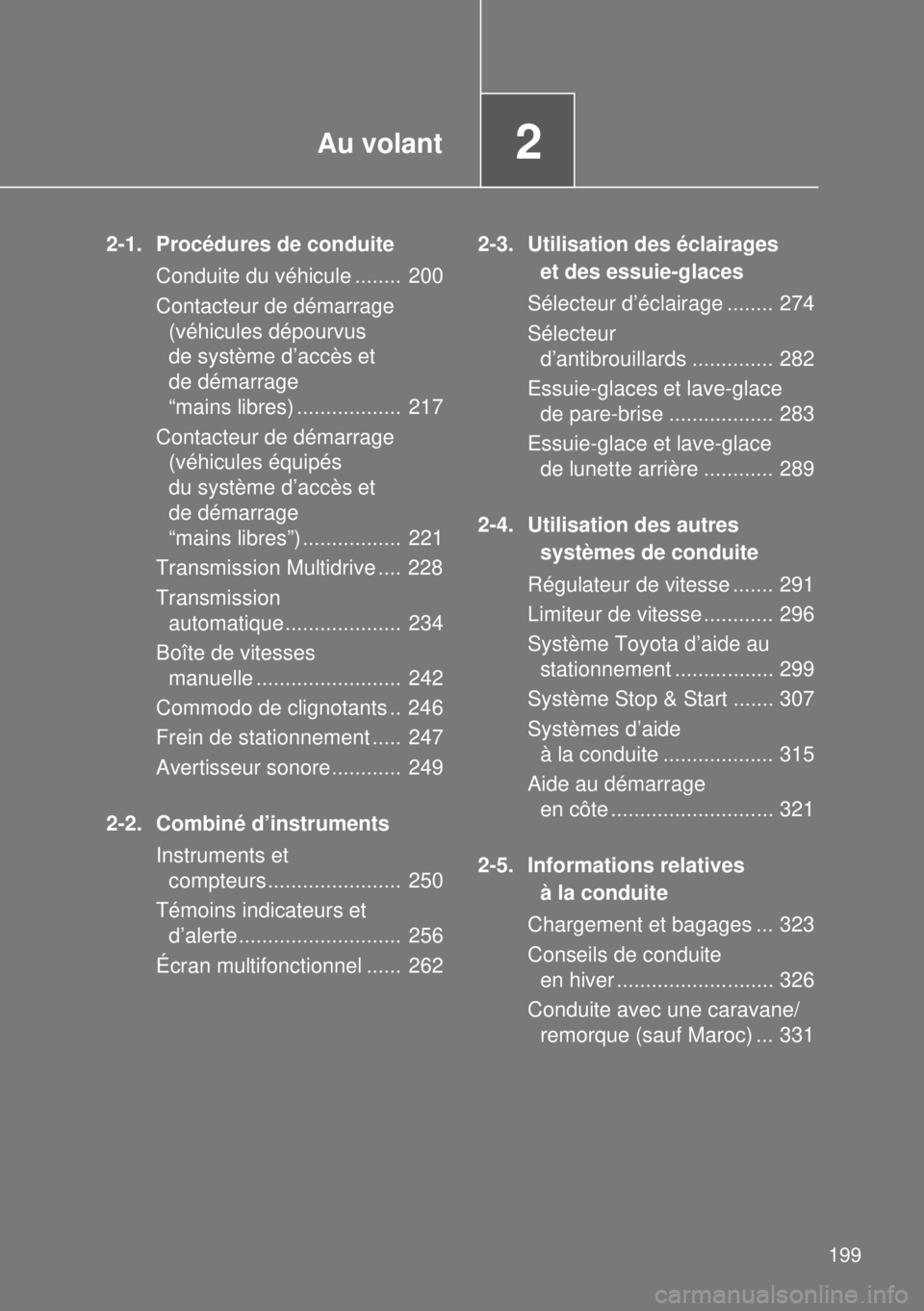 TOYOTA VERSO 2015 Notices Demploi (in French) 2Au volant
199
2-1. Procédures de conduite
Conduite du véhicule ........ 200
Contacteur de démarrage
(véhicules dépourvus
de système d’accès et
de démarrage
“mains libres) ........... TOYOTA VERSO 2015 Notices Demploi (in French) 2Au volant
199
2-1. Procédures de conduite
Conduite du véhicule ........ 200
Contacteur de démarrage
(véhicules dépourvus
de système d’accès et
de démarrage
“mains libres) ...........