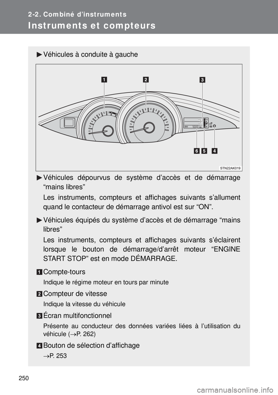 TOYOTA VERSO 2015  Notices Demploi (in French) 250
2-2. Combiné d’instruments
Instruments et compteurs
Véhicules à conduite à gauche
Véhicules dépourvus de système d’accès et de démarrage
“mains libres”
Les instruments, compteurs 