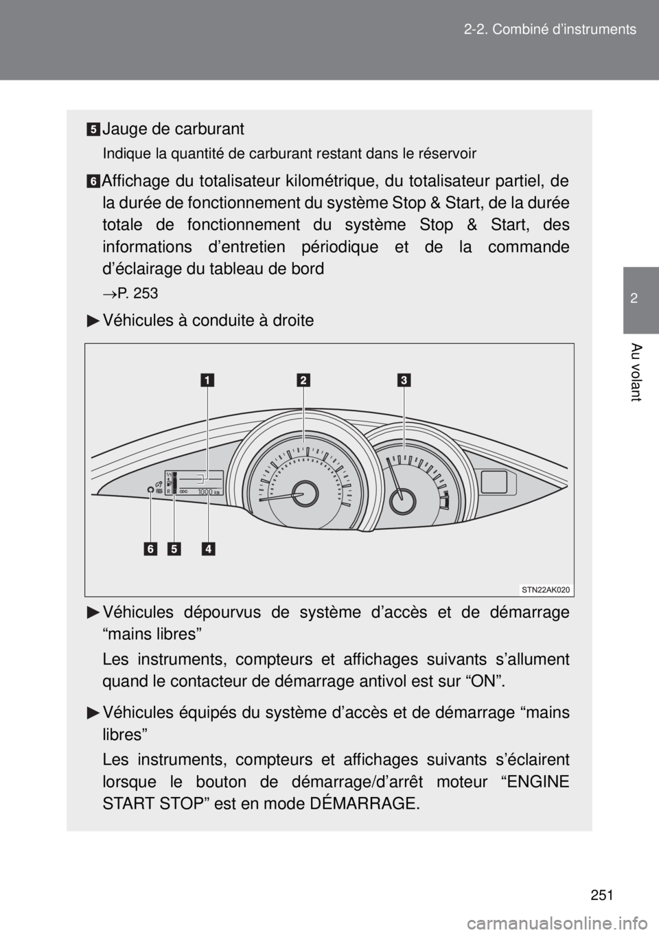 TOYOTA VERSO 2015 Notices Demploi (in French) 251 2-2. Combiné d’instruments
2
Au volant
Jauge de carburant
Indique la quantité de carburant restant dans le réservoir
Affichage du totalisateur kilométrique, du totalisateur partiel, de
la du TOYOTA VERSO 2015 Notices Demploi (in French) 251 2-2. Combiné d’instruments
2
Au volant
Jauge de carburant
Indique la quantité de carburant restant dans le réservoir
Affichage du totalisateur kilométrique, du totalisateur partiel, de
la du