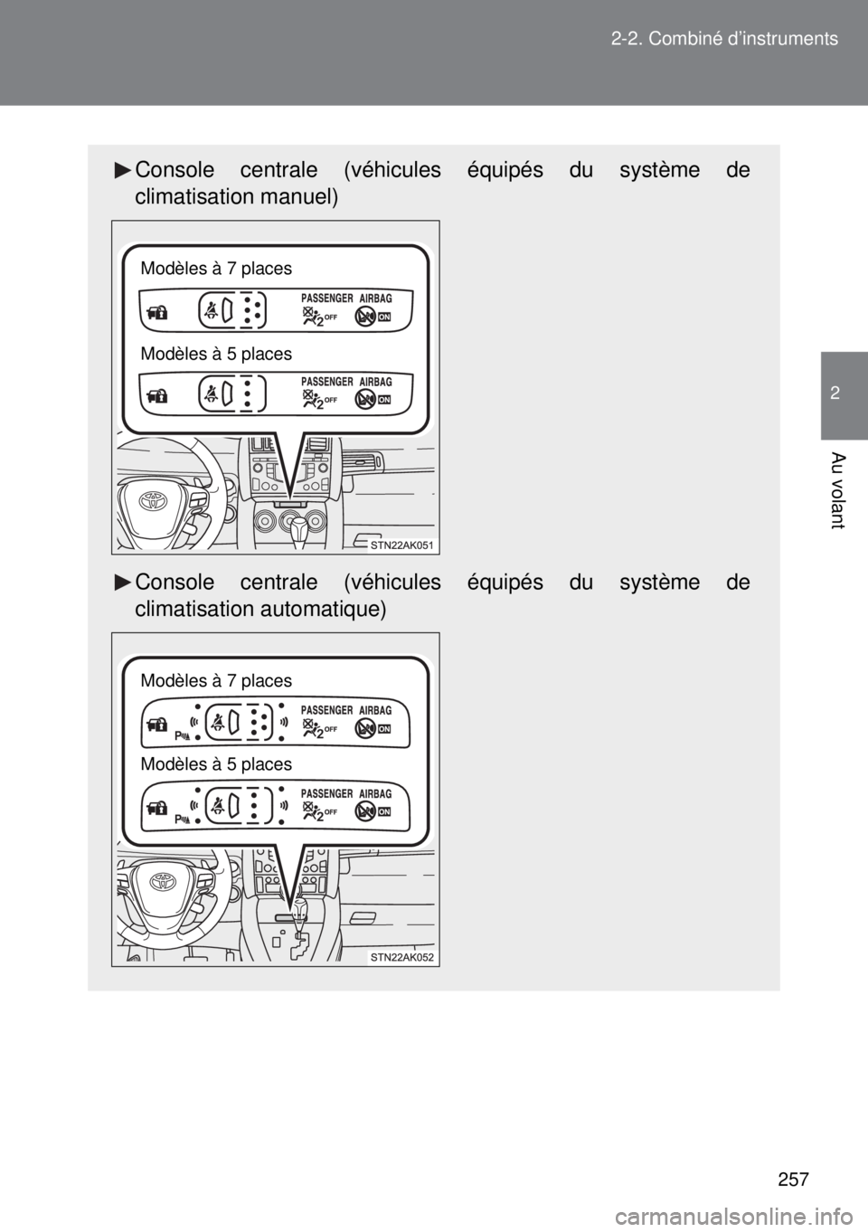 TOYOTA VERSO 2015 Notices Demploi (in French) 257 2-2. Combiné d’instruments
2
Au volant
Console centrale (véhicules équipés du système de
climatisation manuel)
Console centrale (véhicules équipés du système de
climatisation automatiqu TOYOTA VERSO 2015 Notices Demploi (in French) 257 2-2. Combiné d’instruments
2
Au volant
Console centrale (véhicules équipés du système de
climatisation manuel)
Console centrale (véhicules équipés du système de
climatisation automatiqu