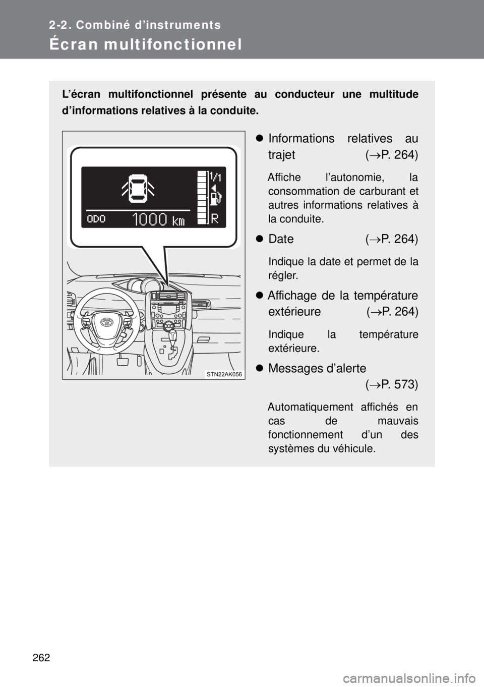 TOYOTA VERSO 2015  Notices Demploi (in French) 262
2-2. Combiné d’instruments
Écran multifonctionnel
L’écran multifonctionnel présente au conducteur une multitude
d’informations relatives à la conduite.
Informations relatives au
traj