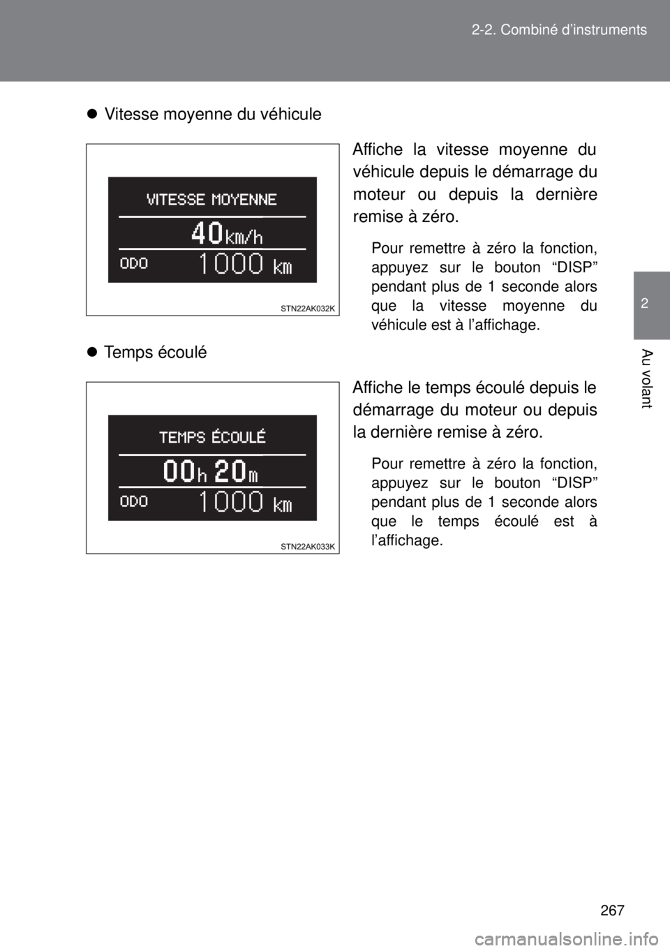 TOYOTA VERSO 2015  Notices Demploi (in French) 267 2-2. Combiné d’instruments
2
Au volant
Vitesse moyenne du véhicule
Affiche la vitesse moyenne du
véhicule depuis le démarrage du
moteur ou depuis la dernière
remise à zéro.
Pour remett