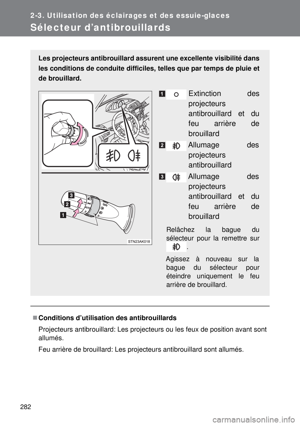 TOYOTA VERSO 2015 Notices Demploi (in French) 282
2-3. Utilisation des éclairages et des essuie-glaces
Sélecteur d’antibrouillards
Conditions d’utilisation des antibrouillards
Projecteurs antibrouillard: Les projecteurs ou les feux de po TOYOTA VERSO 2015 Notices Demploi (in French) 282
2-3. Utilisation des éclairages et des essuie-glaces
Sélecteur d’antibrouillards
Conditions d’utilisation des antibrouillards
Projecteurs antibrouillard: Les projecteurs ou les feux de po