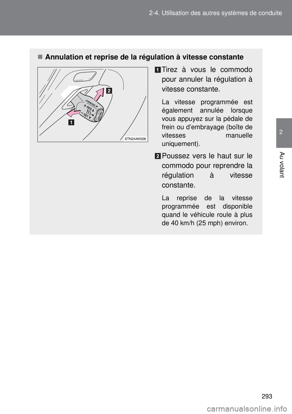 TOYOTA VERSO 2015 Notices Demploi (in French) 293 2-4. Utilisation des autres systèmes de conduite
2
Au volant
Annulation et reprise de la régulation à vitesse constante
Tirez à vous le commodo
pour annuler la régulation à
vitesse consta TOYOTA VERSO 2015 Notices Demploi (in French) 293 2-4. Utilisation des autres systèmes de conduite
2
Au volant
Annulation et reprise de la régulation à vitesse constante
Tirez à vous le commodo
pour annuler la régulation à
vitesse consta