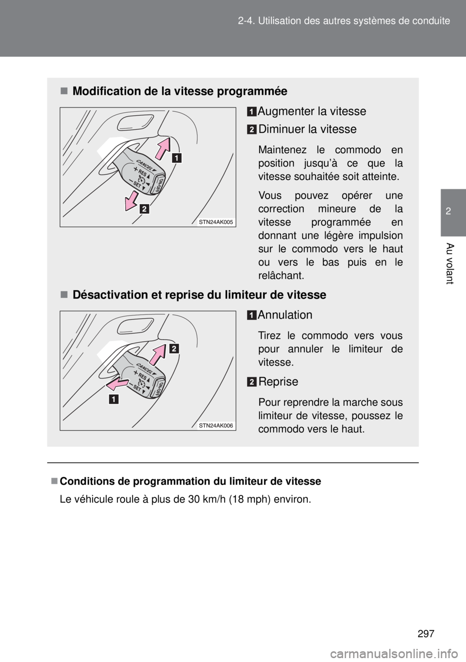 TOYOTA VERSO 2015 Notices Demploi (in French) 297 2-4. Utilisation des autres systèmes de conduite
2
Au volant
Conditions de programmation du limiteur de vitesse
Le véhicule roule à plus de 30 km/h (18 mph) environ.
Modification de la vi TOYOTA VERSO 2015 Notices Demploi (in French) 297 2-4. Utilisation des autres systèmes de conduite
2
Au volant
Conditions de programmation du limiteur de vitesse
Le véhicule roule à plus de 30 km/h (18 mph) environ.
Modification de la vi
