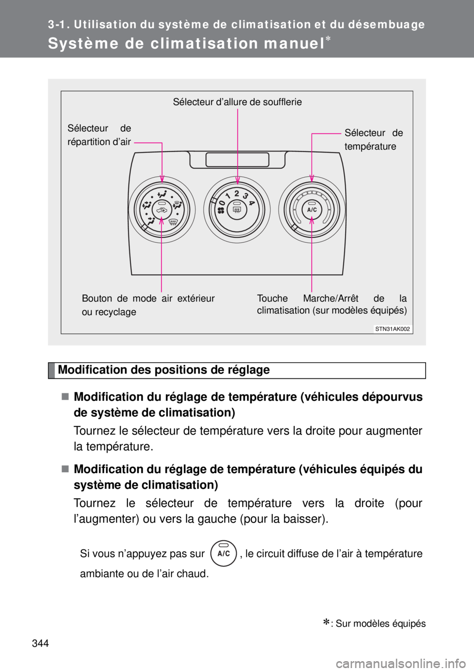 TOYOTA VERSO 2015 Notices Demploi (in French) 344
3-1. Utilisation du système de climatisation et du désembuage
Système de climatisation manuel
Modification des positions de réglage
Modification du réglage de température (véhicules d TOYOTA VERSO 2015 Notices Demploi (in French) 344
3-1. Utilisation du système de climatisation et du désembuage
Système de climatisation manuel
Modification des positions de réglage
Modification du réglage de température (véhicules d