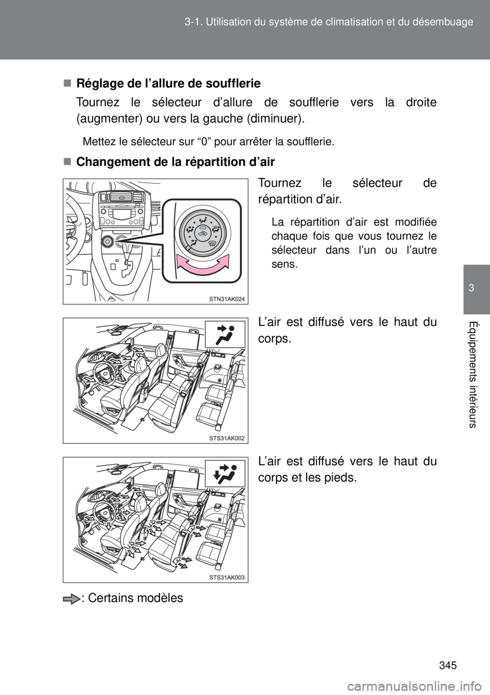 TOYOTA VERSO 2015 Notices Demploi (in French) 345 3-1. Utilisation du système de climatisation et du désembuage
3
Équipements intérieurs
Réglage de l’allure de soufflerie
Tournez le sélecteur d’allure de soufflerie vers la droite
(au TOYOTA VERSO 2015 Notices Demploi (in French) 345 3-1. Utilisation du système de climatisation et du désembuage
3
Équipements intérieurs
Réglage de l’allure de soufflerie
Tournez le sélecteur d’allure de soufflerie vers la droite
(au