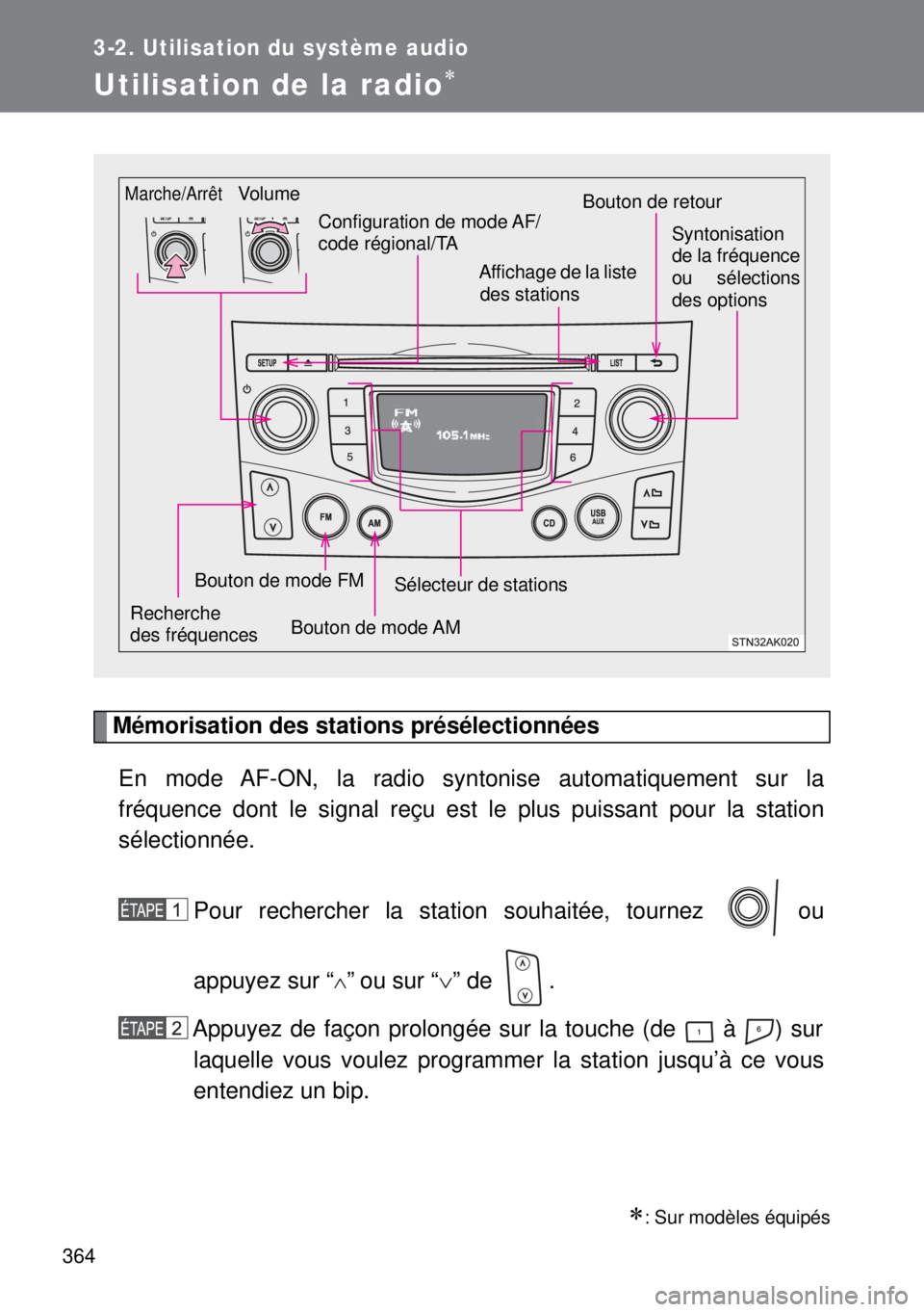 TOYOTA VERSO 2015 Notices Demploi (in French) 364
3-2. Utilisation du système audio
Utilisation de la radio
Mémorisation des stations présélectionnées
En mode AF-ON, la radio syntonise automatiquement sur la
fréquence dont le signal reç TOYOTA VERSO 2015 Notices Demploi (in French) 364
3-2. Utilisation du système audio
Utilisation de la radio
Mémorisation des stations présélectionnées
En mode AF-ON, la radio syntonise automatiquement sur la
fréquence dont le signal reç
