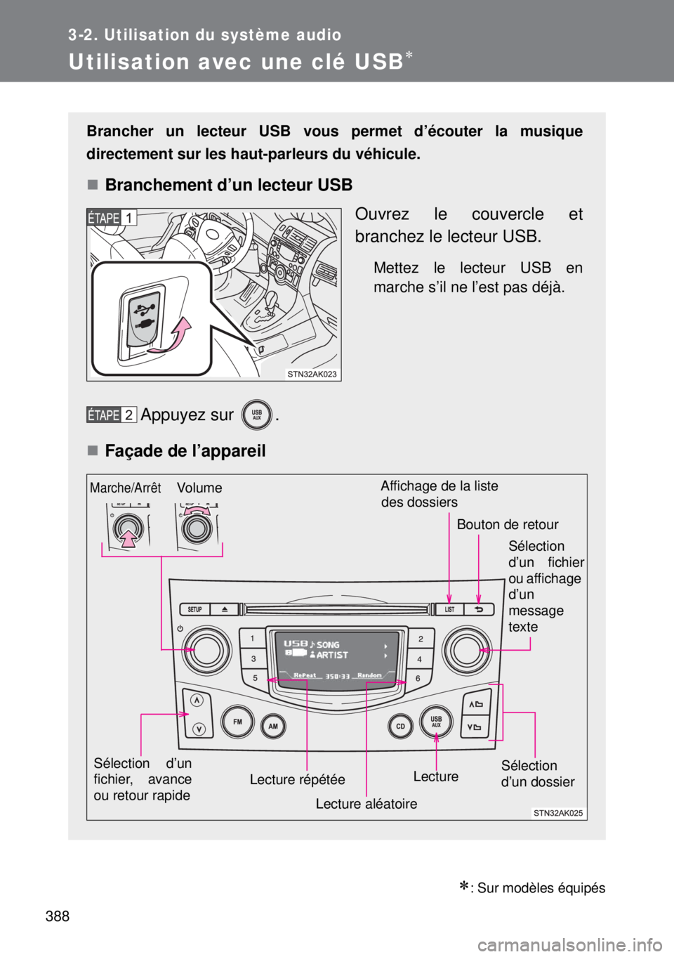 TOYOTA VERSO 2015 Notices Demploi (in French) 388
3-2. Utilisation du système audio
Utilisation avec une clé USB
: Sur modèles équipés
Brancher un lecteur USB vous permet d’écouter la musique
directement sur les haut-parleurs du vé TOYOTA VERSO 2015 Notices Demploi (in French) 388
3-2. Utilisation du système audio
Utilisation avec une clé USB
: Sur modèles équipés
Brancher un lecteur USB vous permet d’écouter la musique
directement sur les haut-parleurs du vé