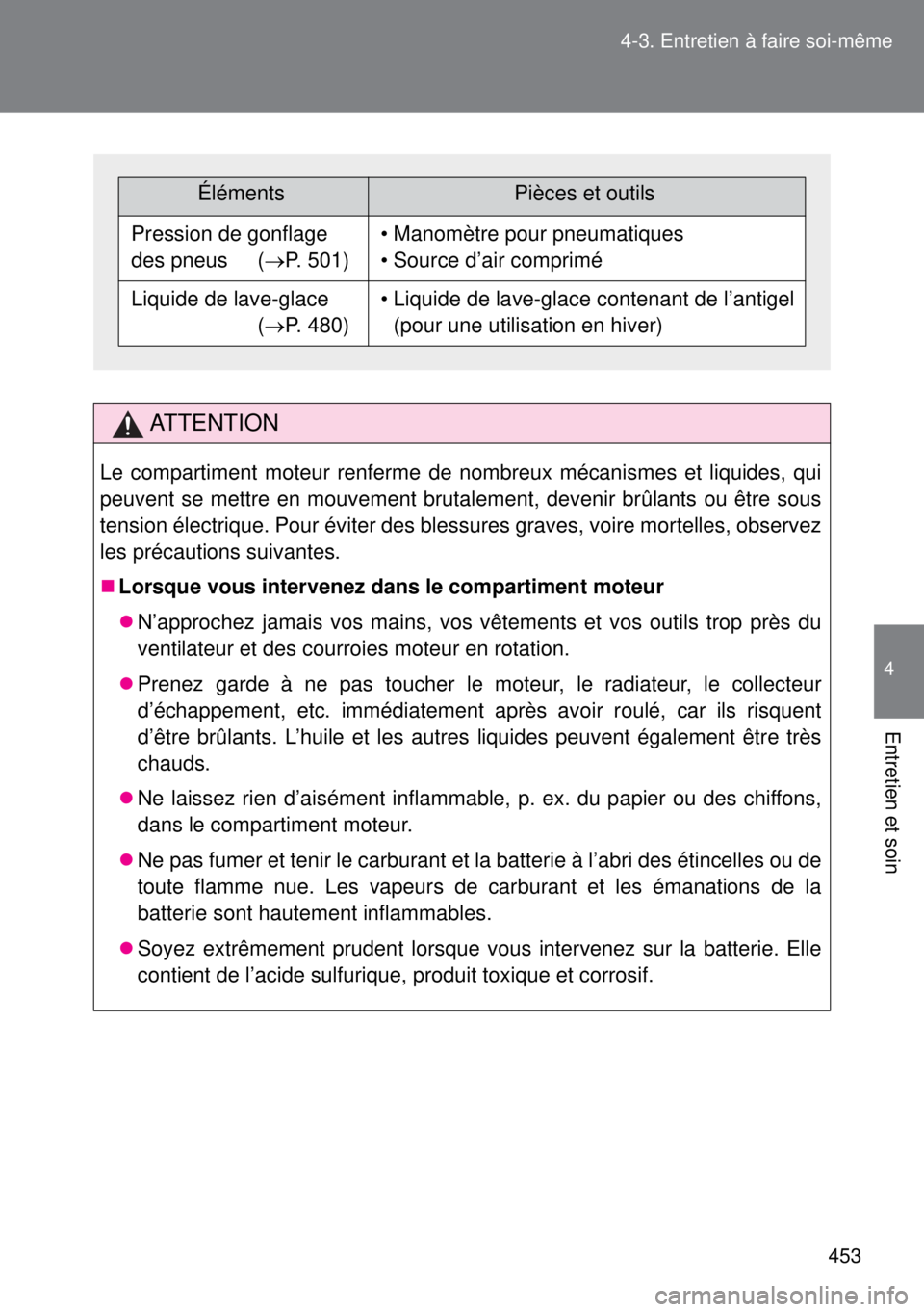 TOYOTA VERSO 2015 Notices Demploi (in French) 453 4-3. Entretien à faire soi-même
4
Entretien et soin
ATTENTION
Le compartiment moteur renferme de nombreux mécanismes et liquides, qui
peuvent se mettre en mouvement brutalement, devenir brûlan TOYOTA VERSO 2015 Notices Demploi (in French) 453 4-3. Entretien à faire soi-même
4
Entretien et soin
ATTENTION
Le compartiment moteur renferme de nombreux mécanismes et liquides, qui
peuvent se mettre en mouvement brutalement, devenir brûlan