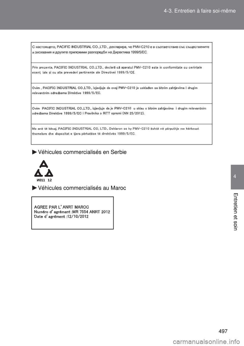 TOYOTA VERSO 2015  Notices Demploi (in French) 497 4-3. Entretien à faire soi-même
4
Entretien et soin
Véhicules commercialisés en Serbie
Véhicules commercialisés au Maroc 